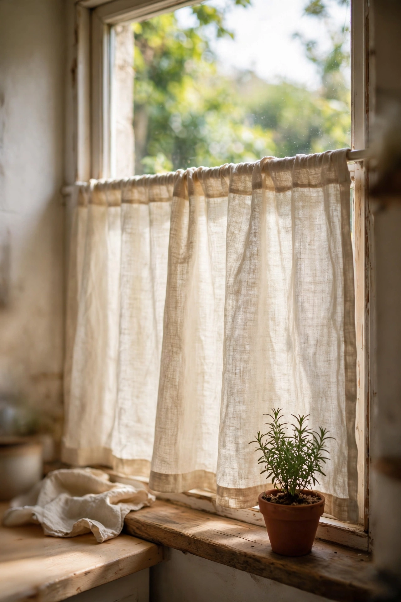 Kitchen window with a natural linen-look cafe curtain on a tension rod