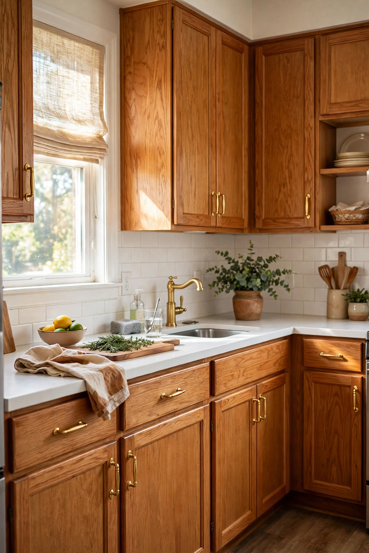 Kitchen cabinets with dated handles spray-painted gold