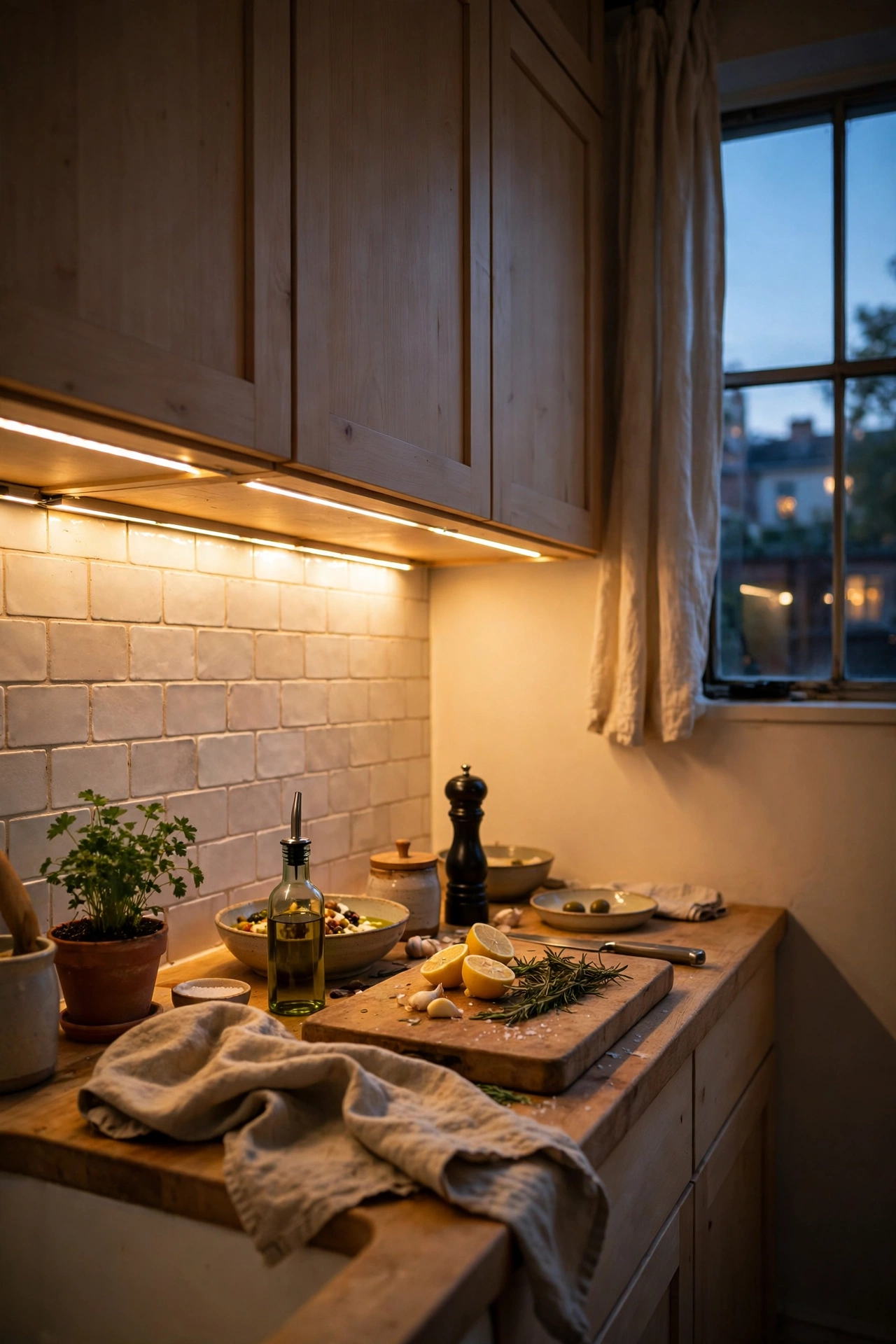 Kitchen worktop glowing under warm under-cabinet LED strip lights in the evening