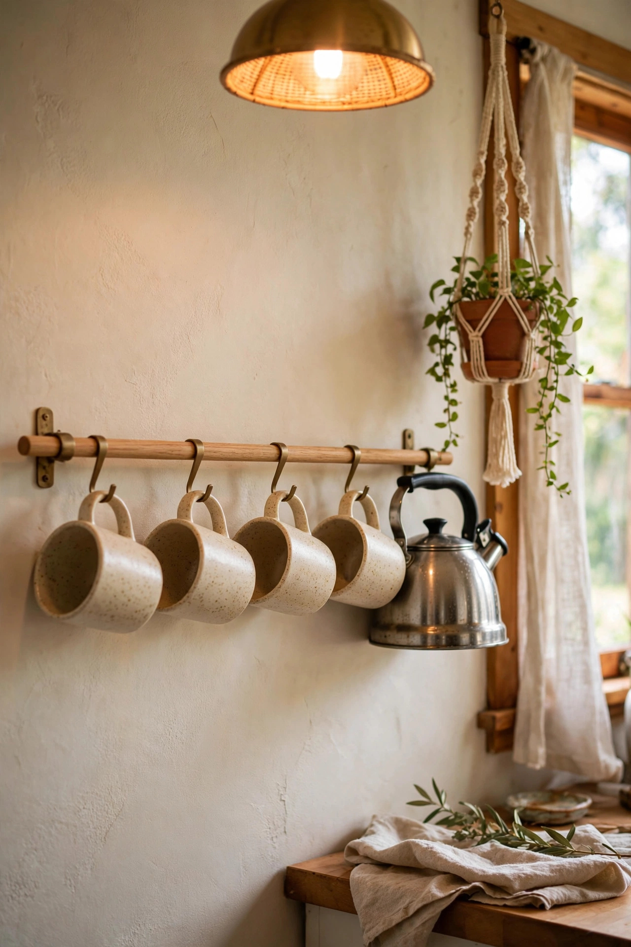 Matching speckled mugs hanging on a rail beside a kettle