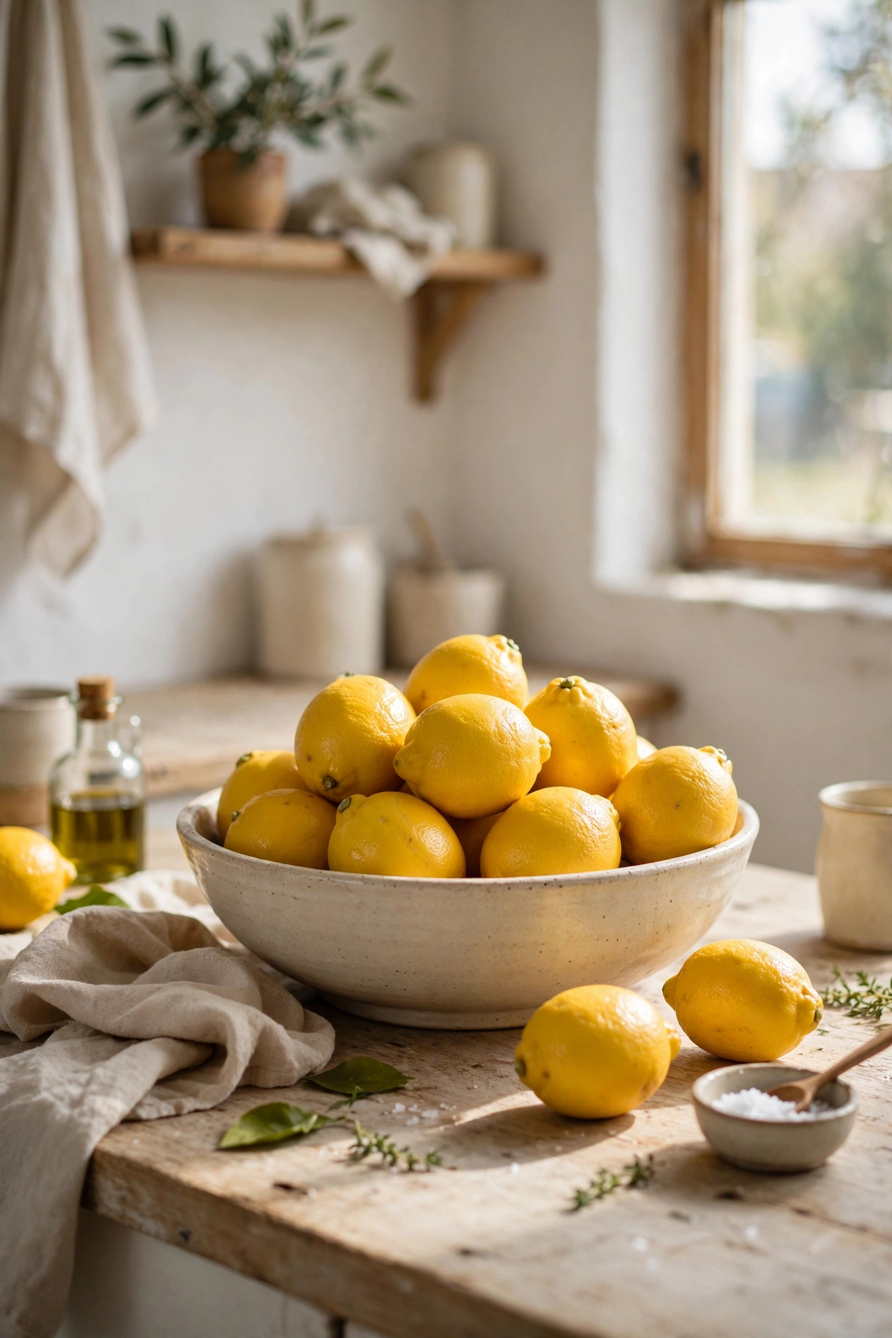 Wide shallow bowl of lemons as a centrepiece on a kitchen counter