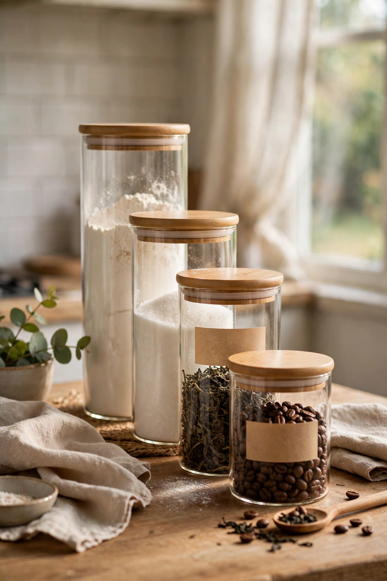 Matching glass canisters of coffee tea and sugar lined up on a worktop