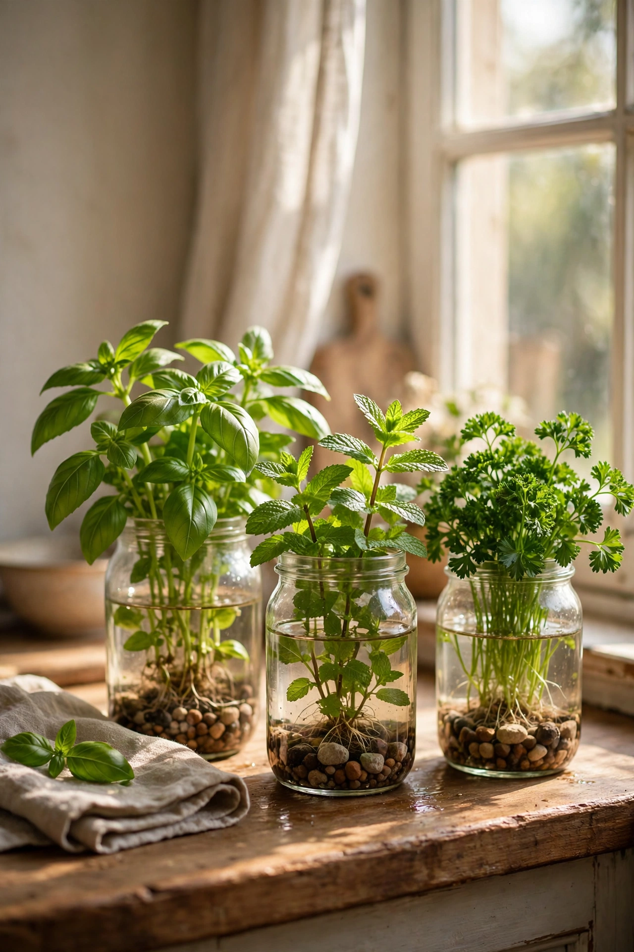 Windowsill herb garden with basil mint and parsley in glass jars