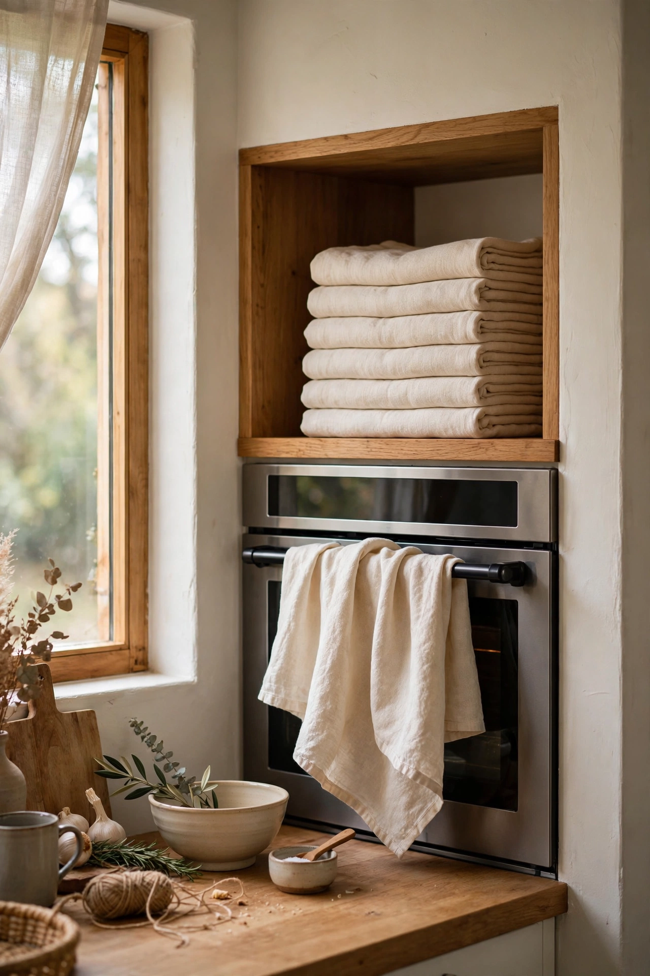 Neat stack of natural linen-look dish towels on an open kitchen shelf