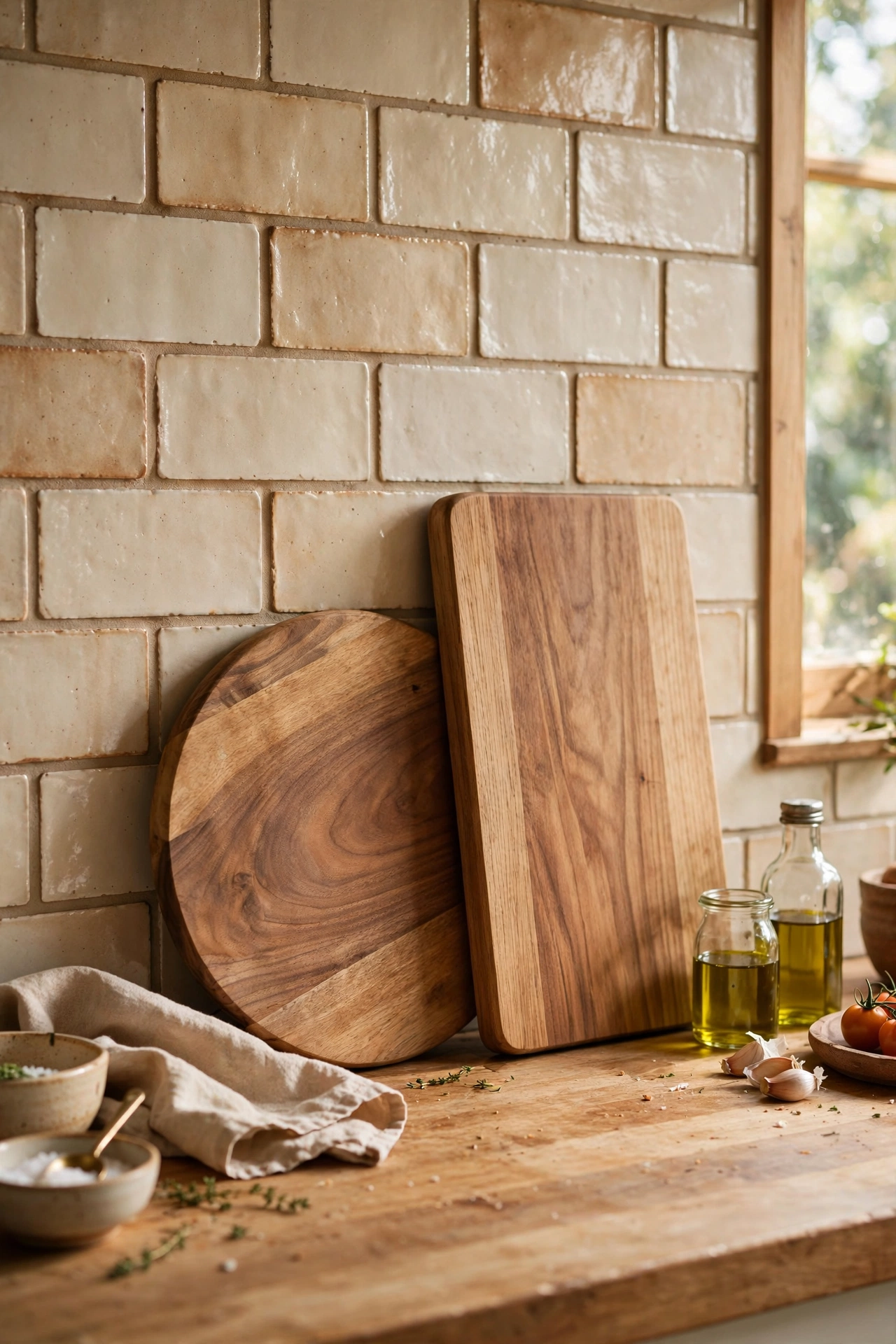 Wooden cutting boards leaning against a kitchen backsplash