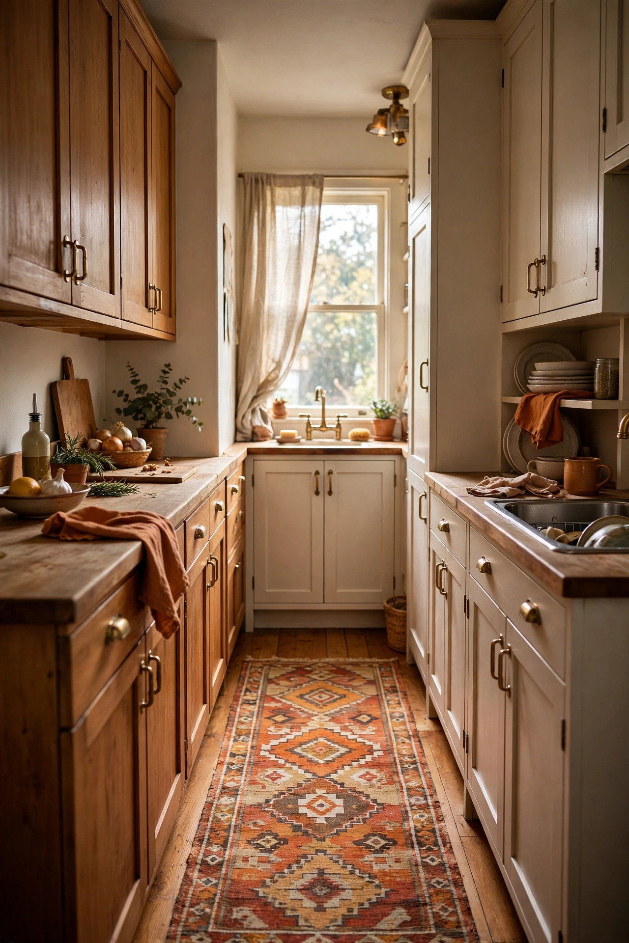 Patterned washable runner rug in a narrow galley kitchen