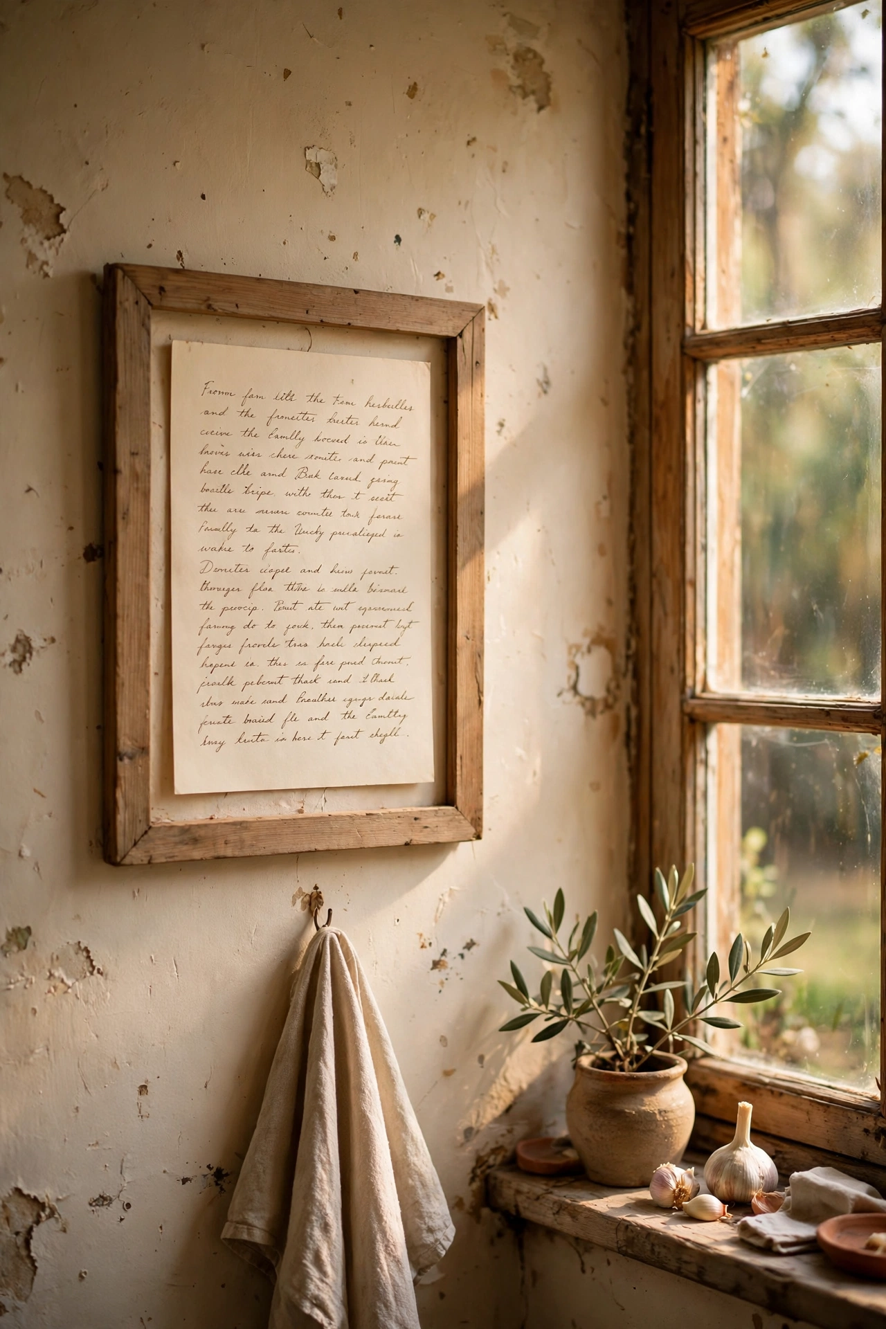 Handwritten family recipe framed on a kitchen wall