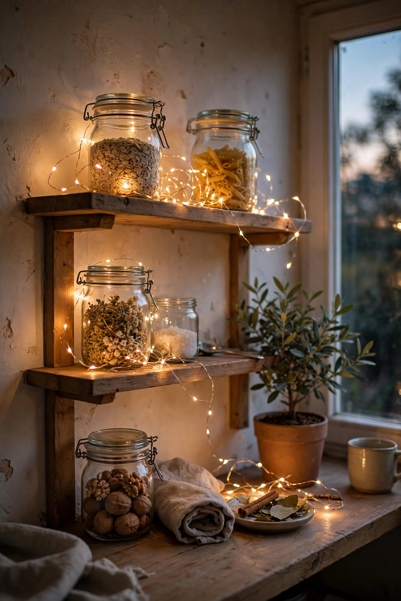 Warm fairy lights woven along a styled open kitchen shelf in the evening