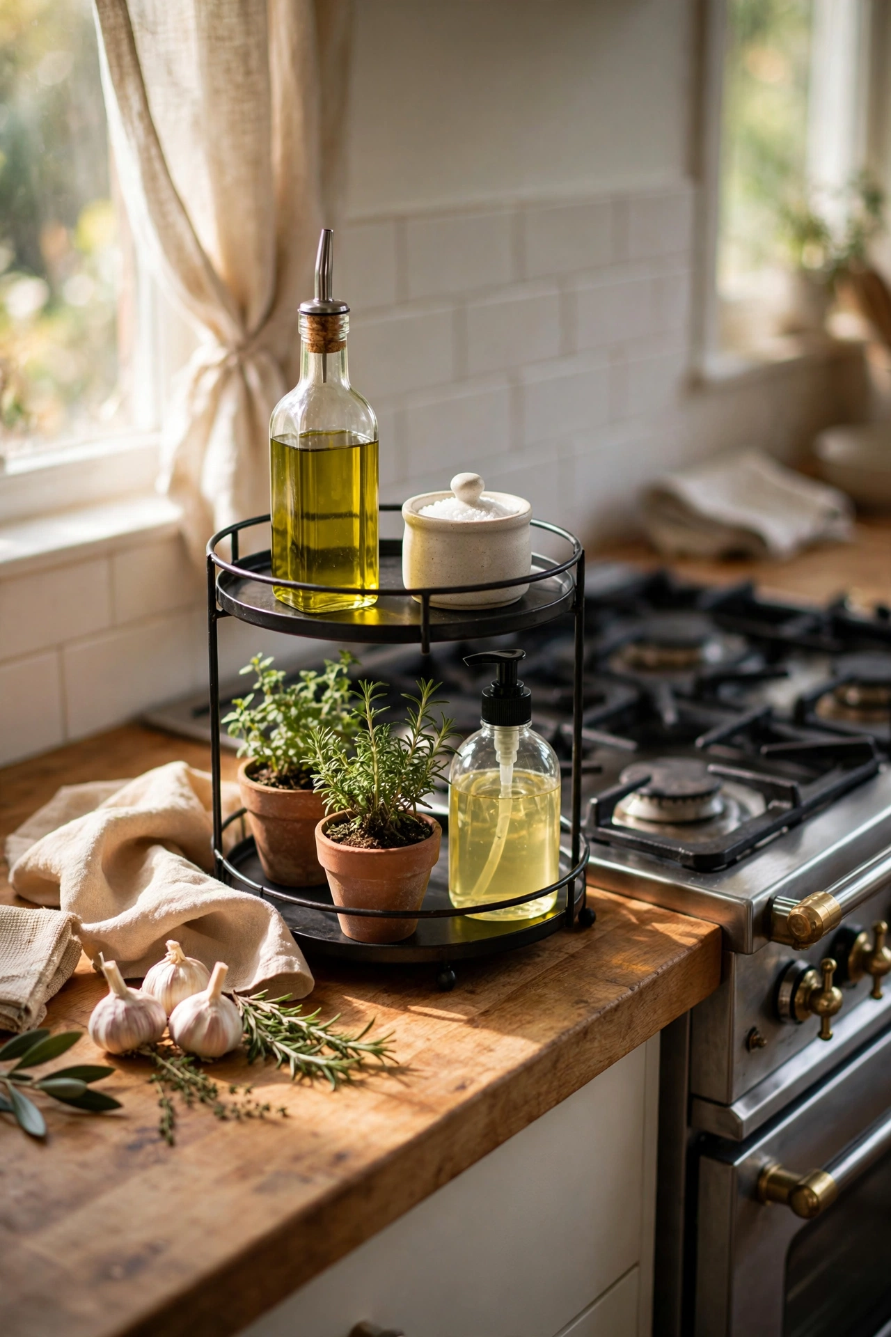 Two-tier tray with olive oil salt and a small plant by the cooker