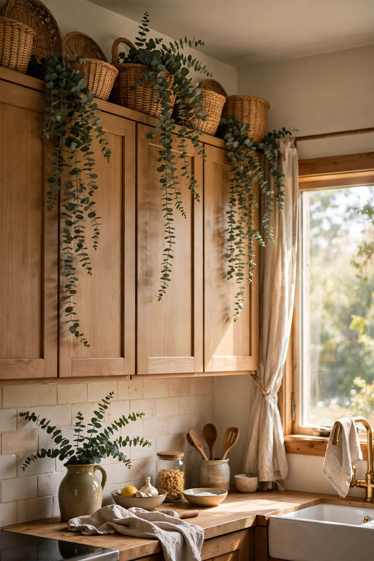 Trailing greenery and woven baskets styled on top of kitchen wall cabinets