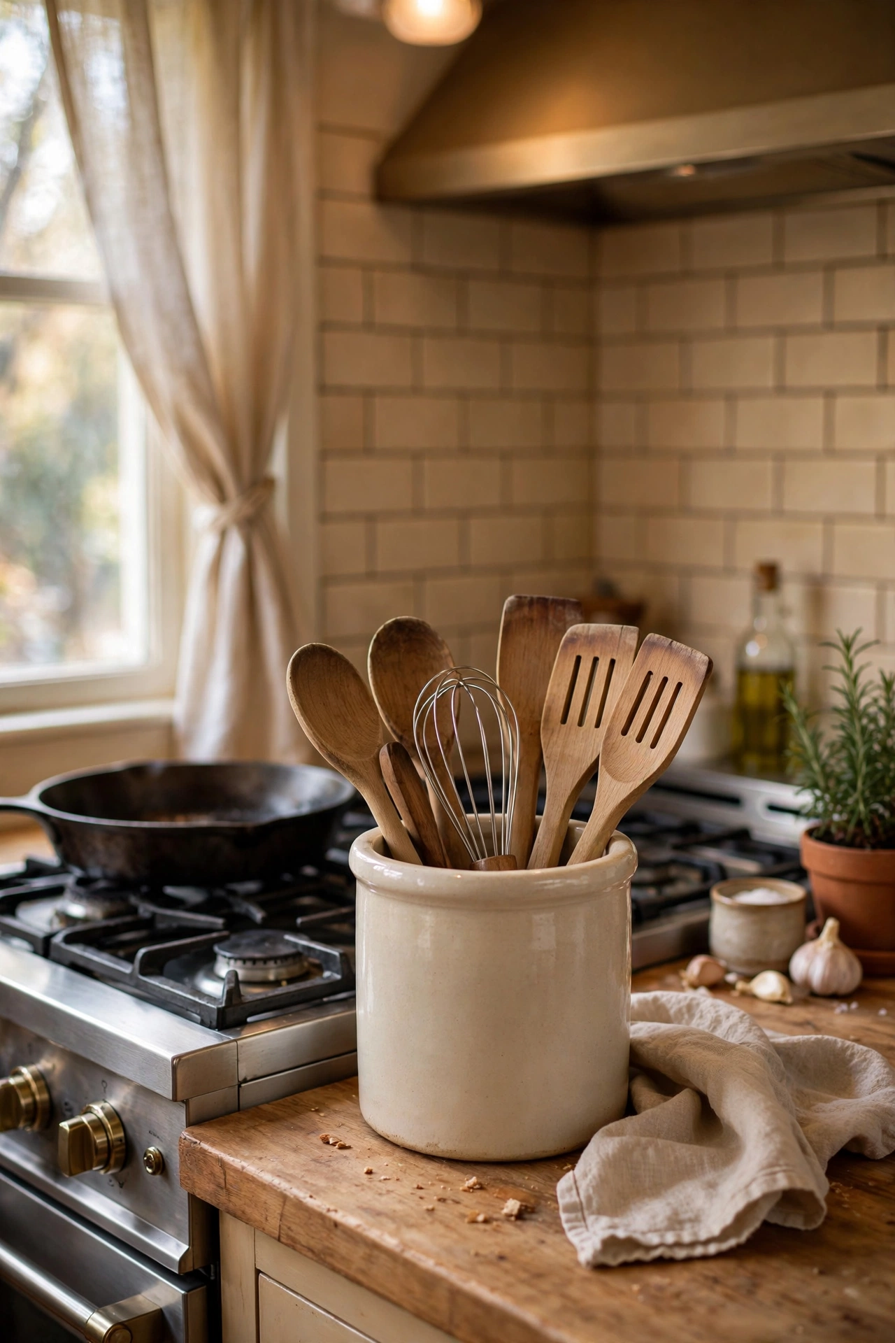 Cream ceramic crock holding wooden cooking utensils by the cooker