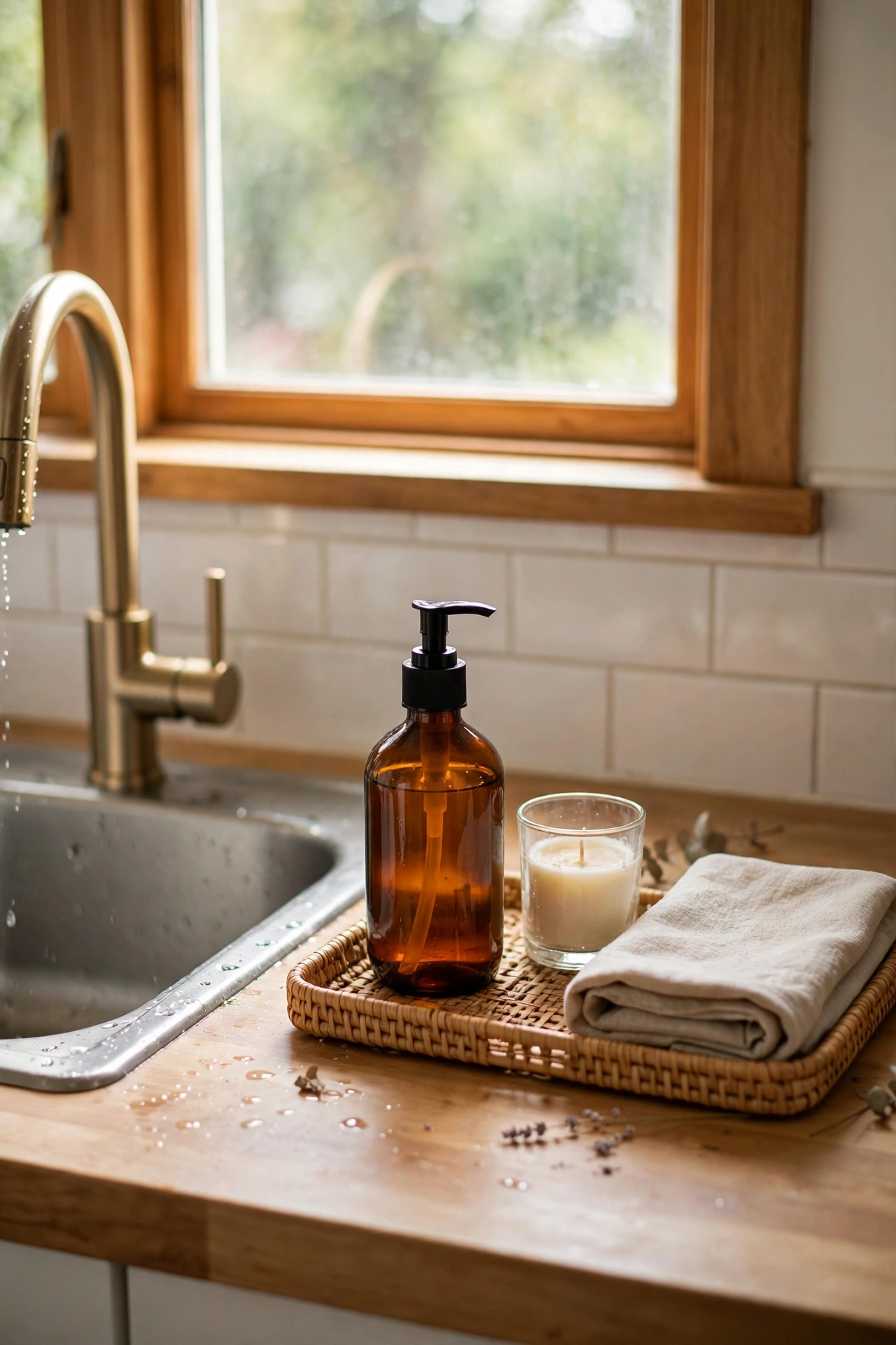 Kitchen sink styled with an amber pump bottle candle and folded towel