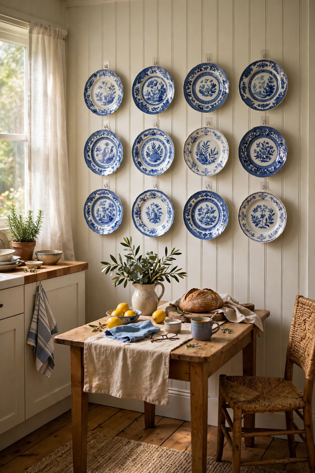 Blue and white decorative plate wall hung with removable hooks