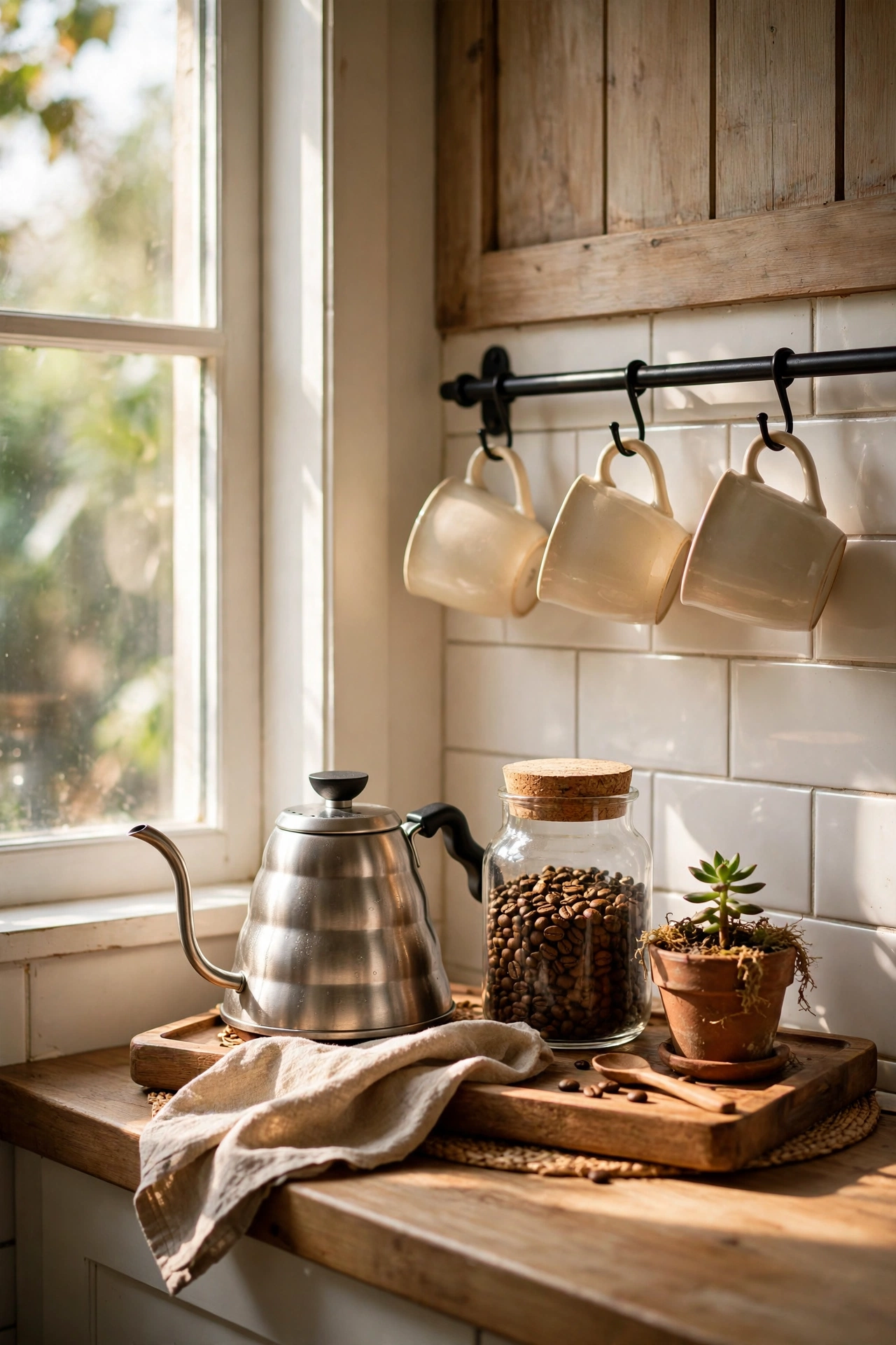 Cosy coffee-station corner with tray kettle jars and mugs by a window