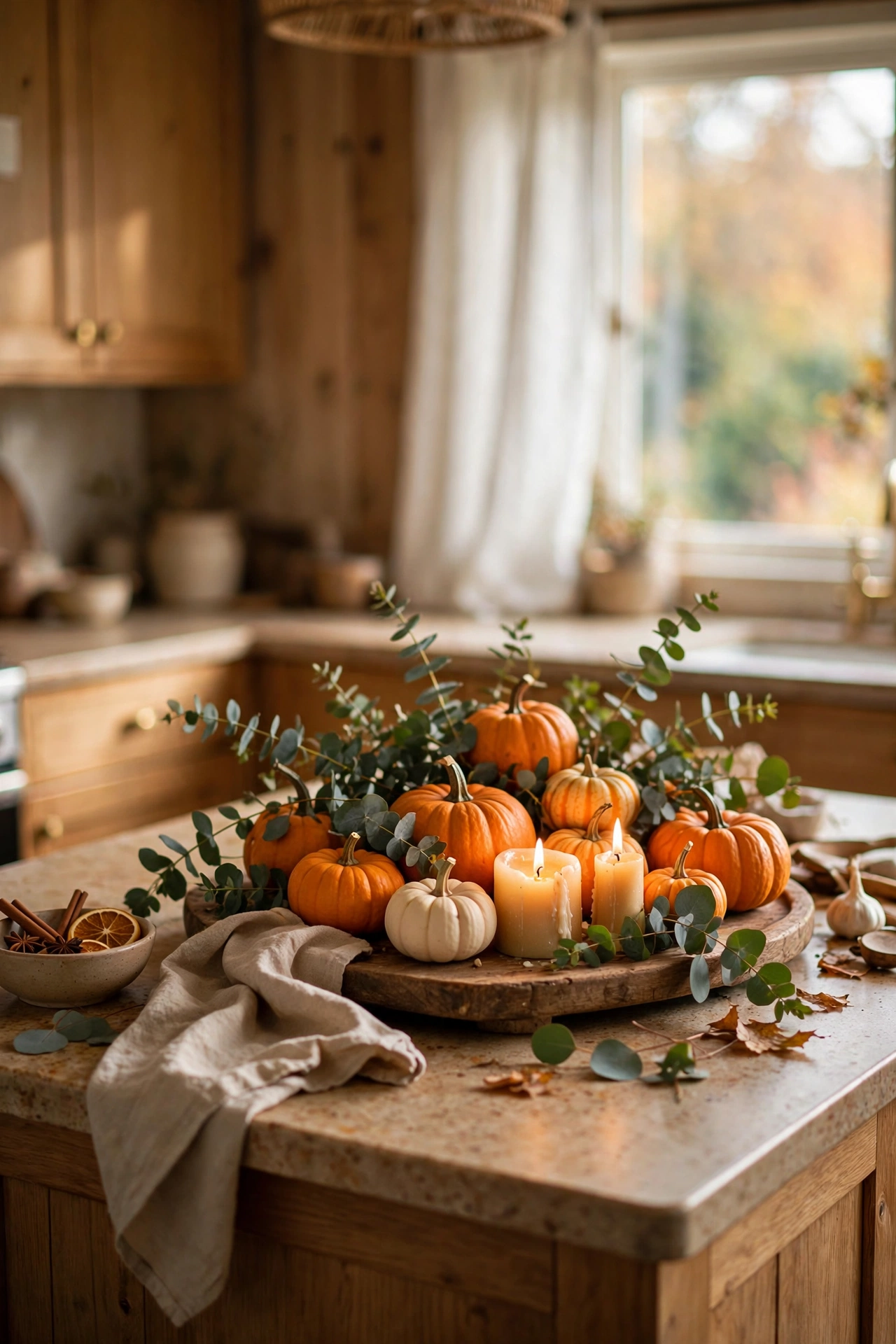 Kitchen island with a seasonal autumn tray arrangement