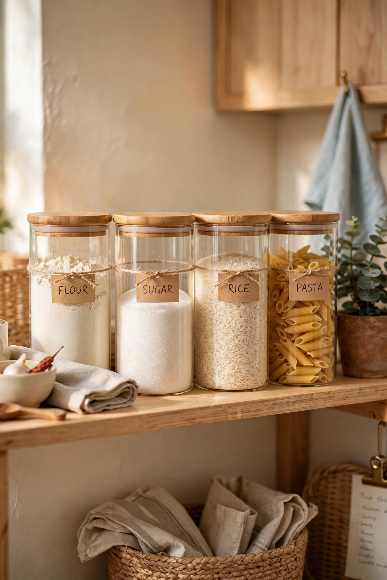 Glass dollar store kitchen canisters filled with flour sugar and pasta on pantry shelves
