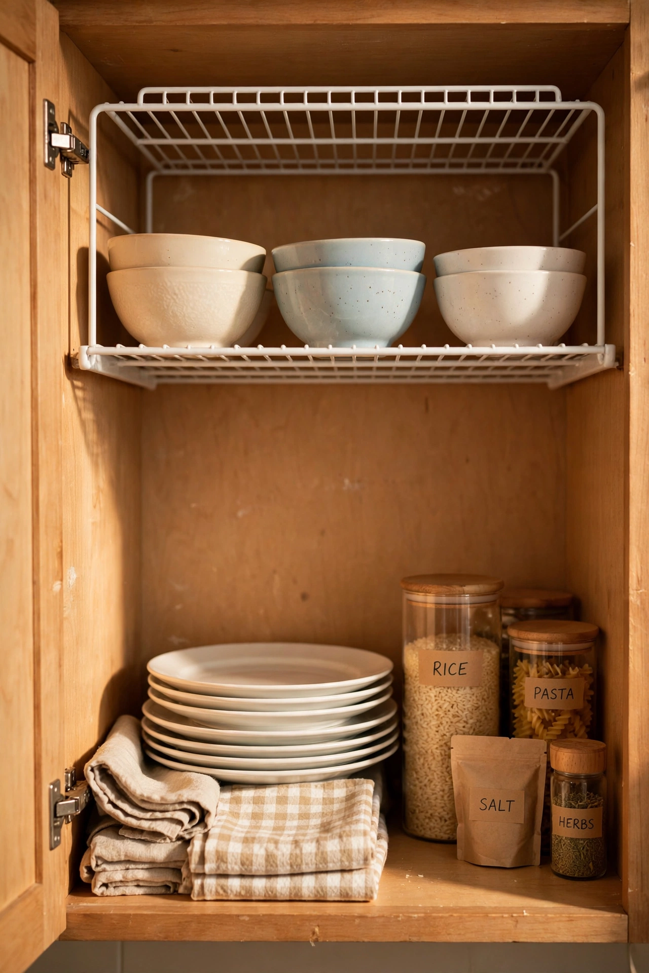 Wire shelf riser doubling cupboard space with stacked bowls and mugs