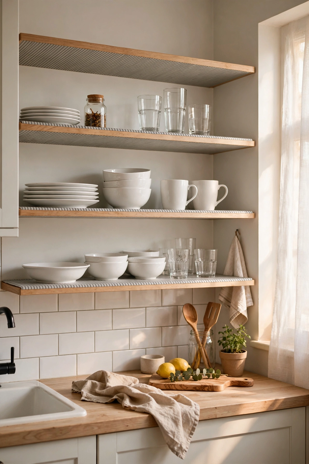 Patterned adhesive shelf liner on open kitchen shelves
