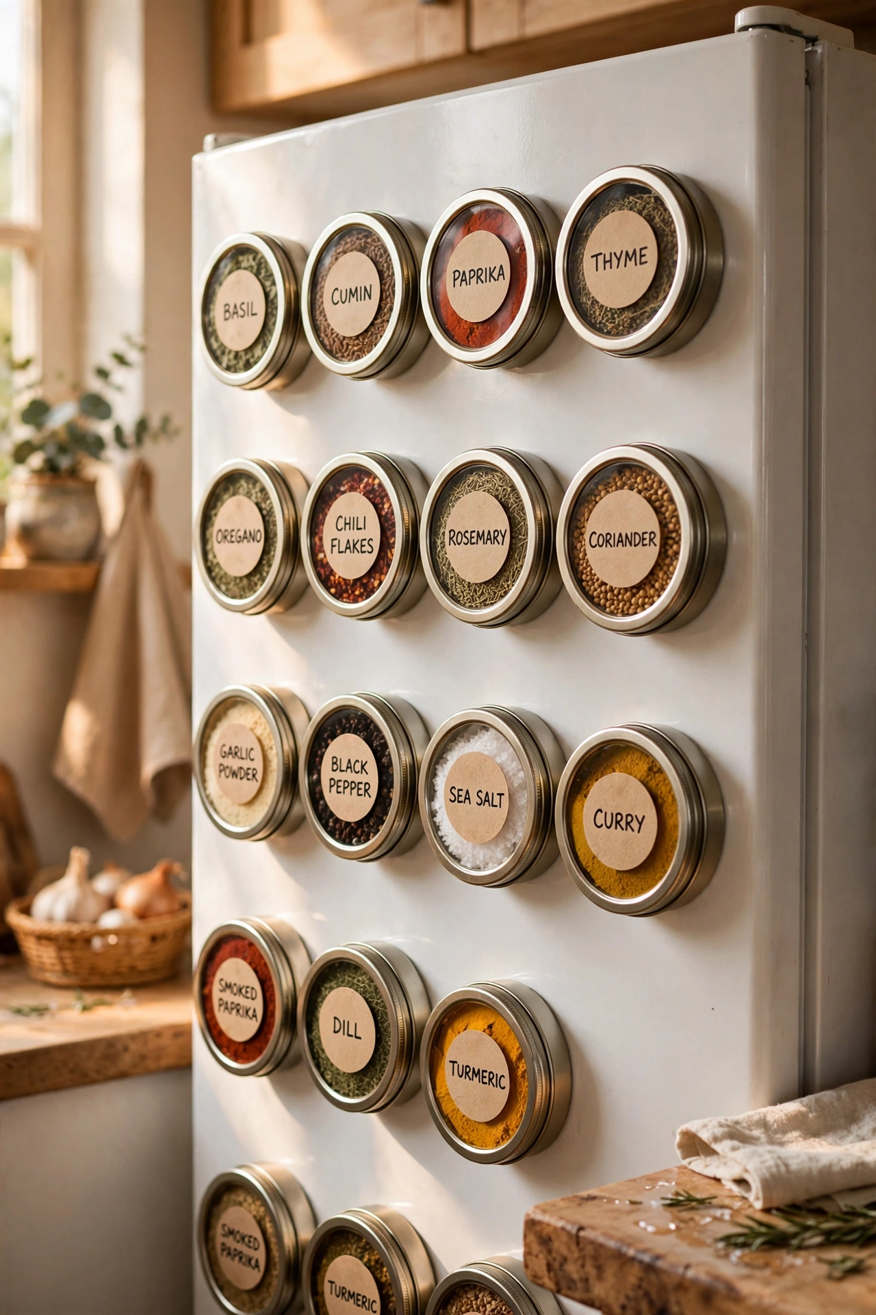 Magnetic spice tins arranged on the side of a fridge