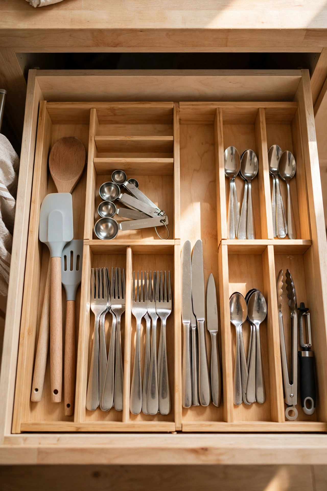 Kitchen drawer with expandable dividers organising utensils