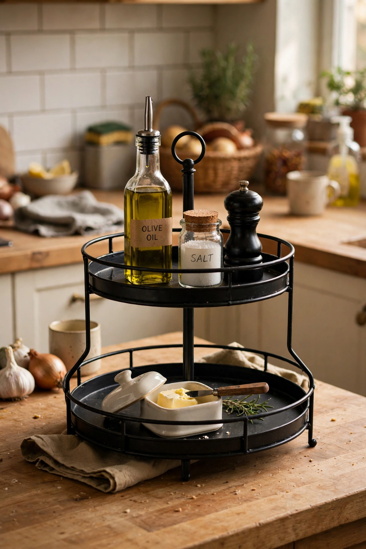 Two-tier metal tray organising oil salt and condiments on kitchen counter