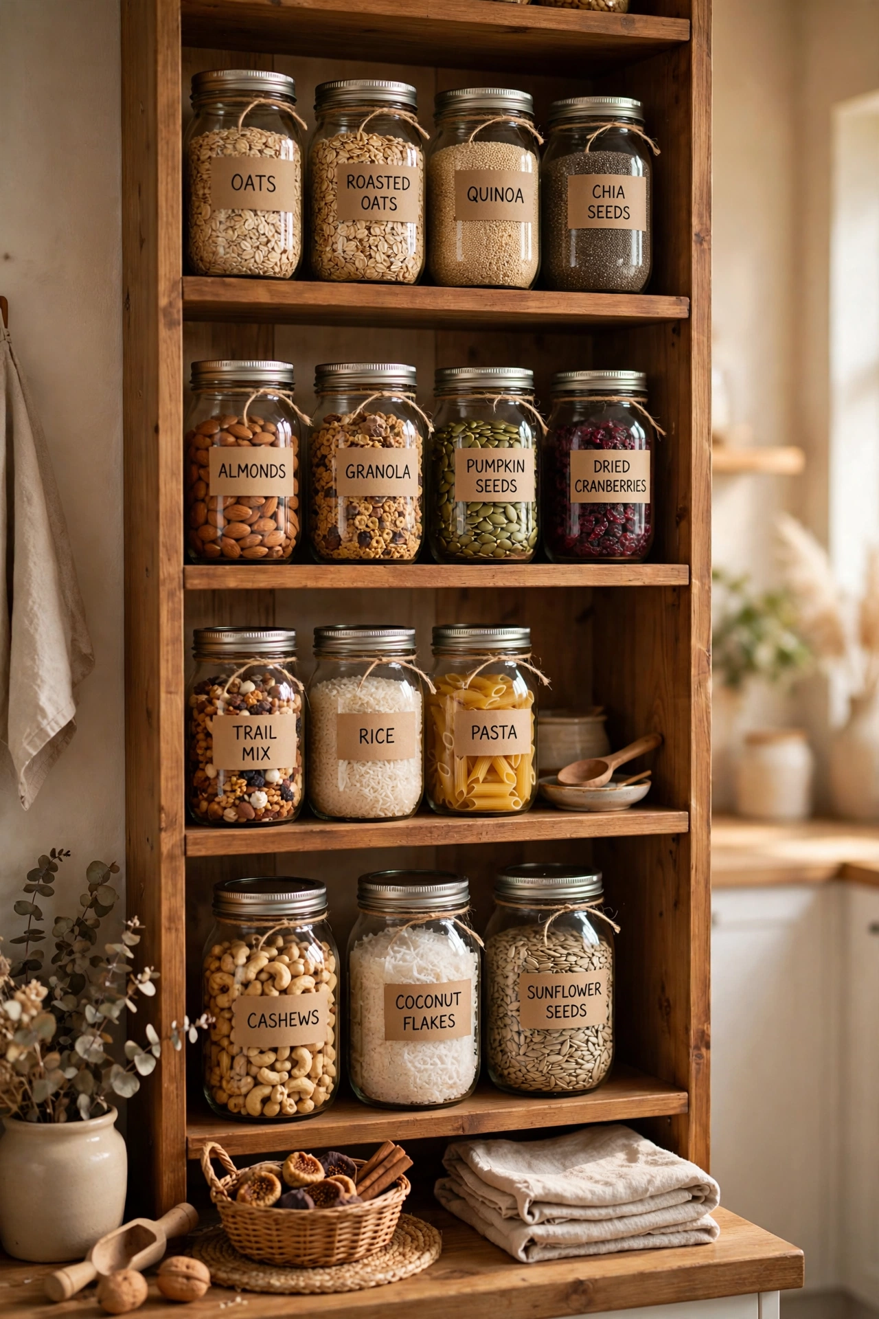 Mason jars filled with cereals and snacks on pantry shelves