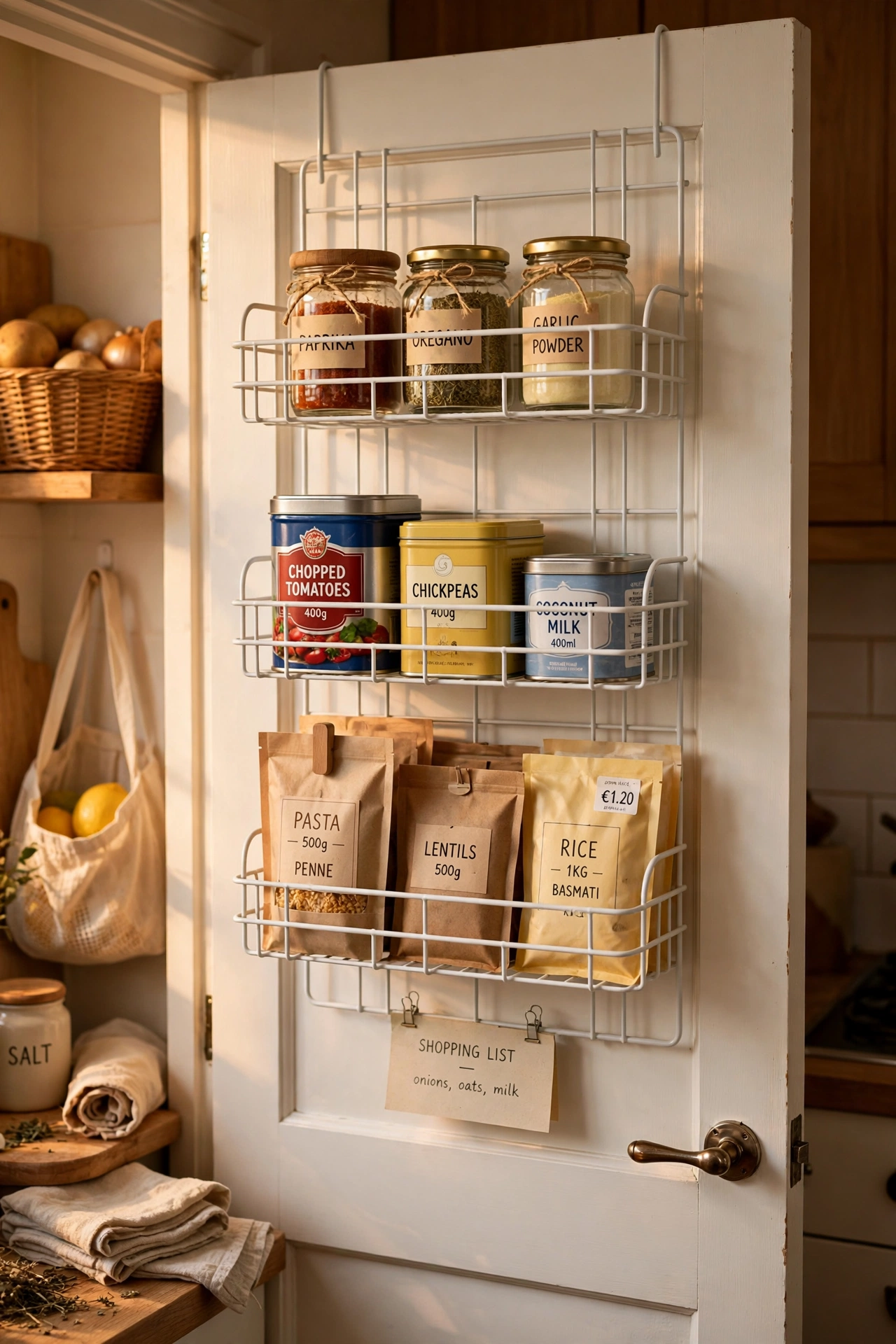 Over-the-door wire rack holding tins and packets in a pantry