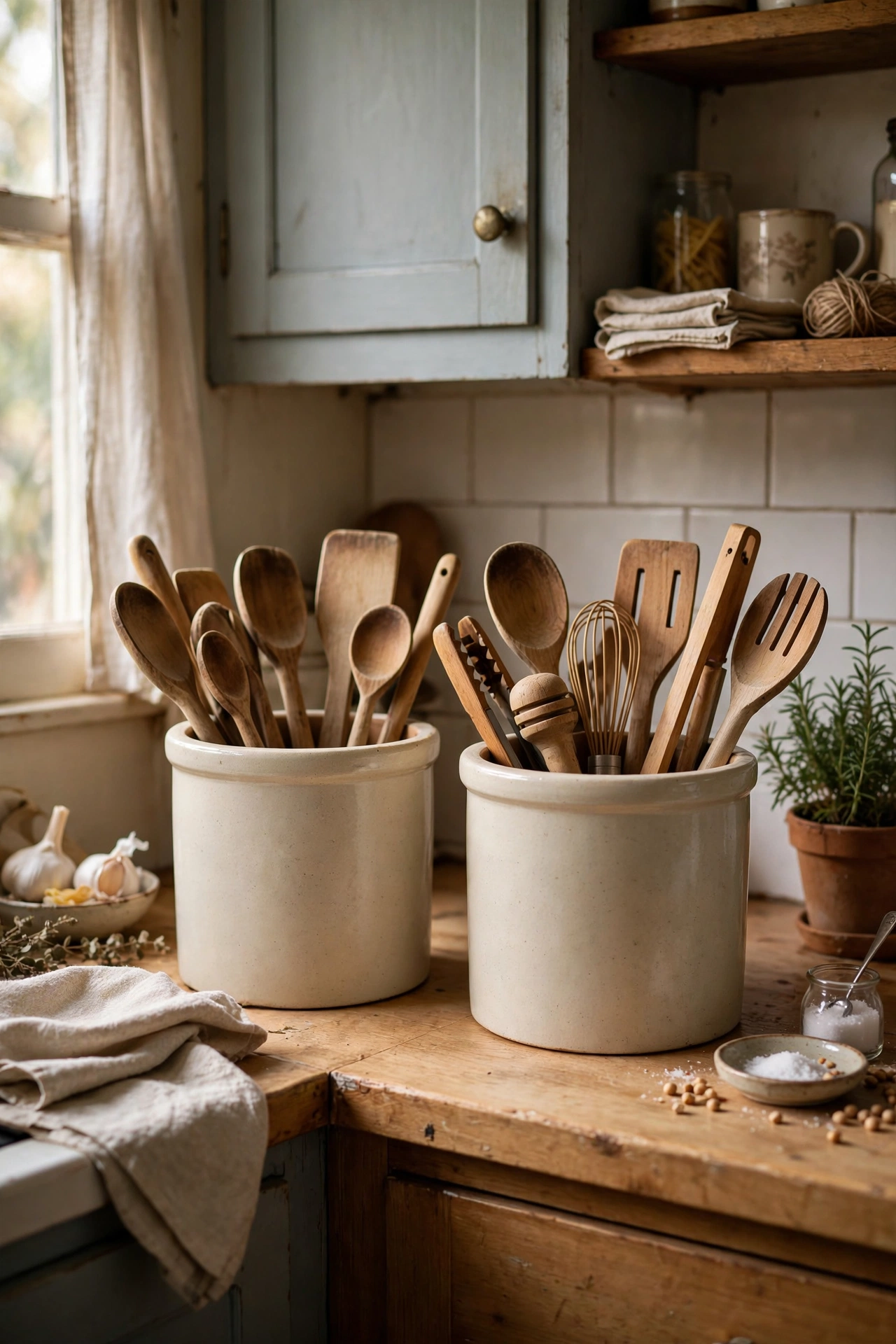 Two matching utensil crocks holding wooden spoons on kitchen counter