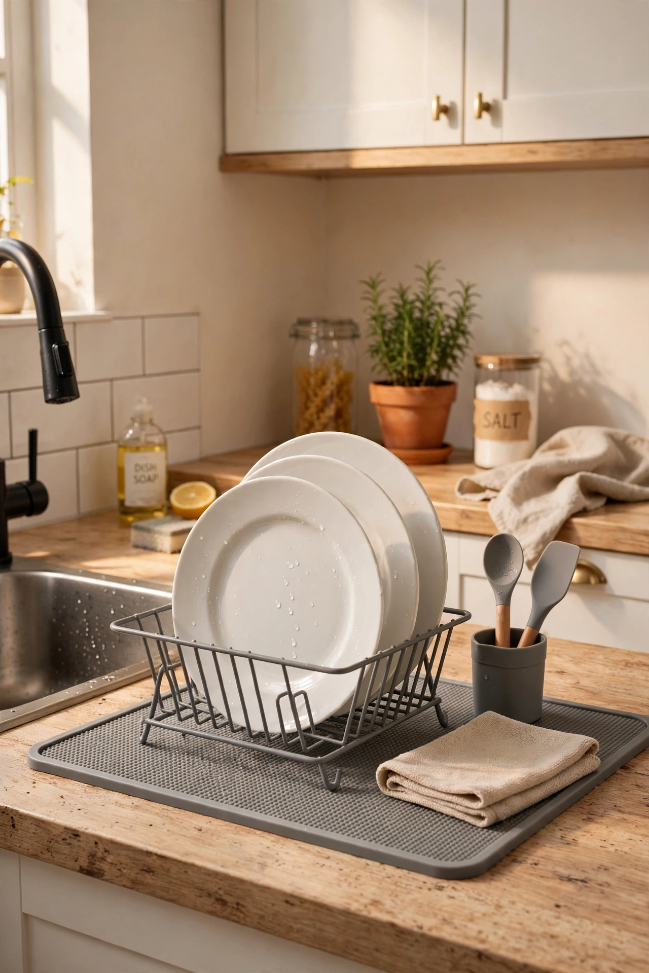 Compact collapsible dish rack on a draining board