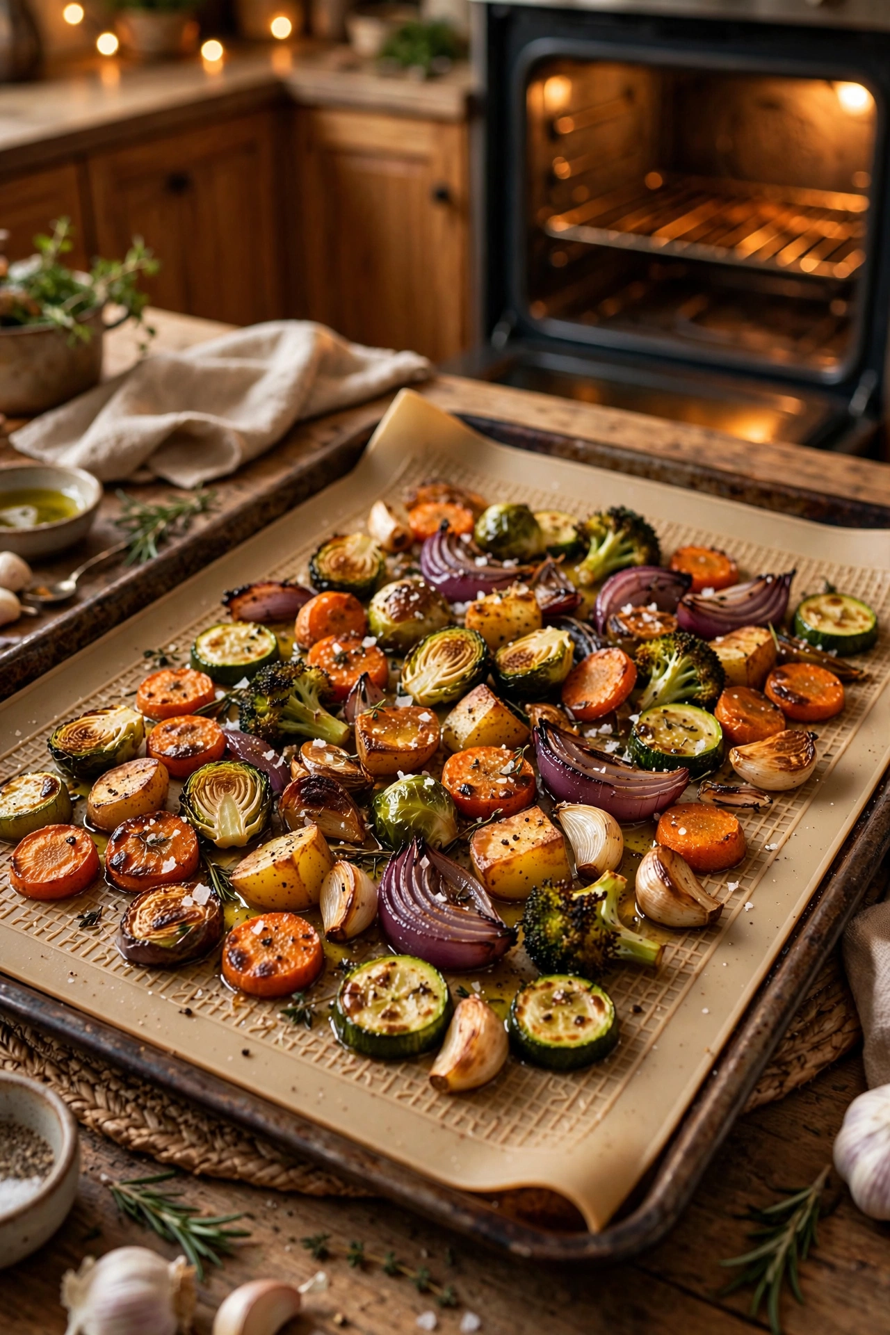 Silicone baking mat on a tray with roasted vegetables