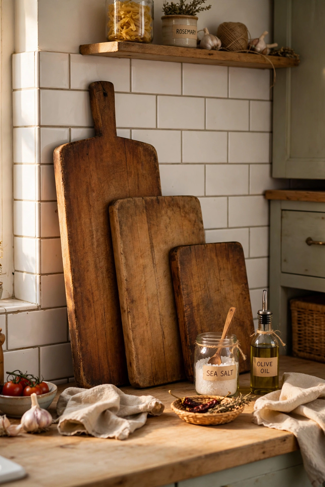 Wooden cutting boards leaning against a kitchen splashback