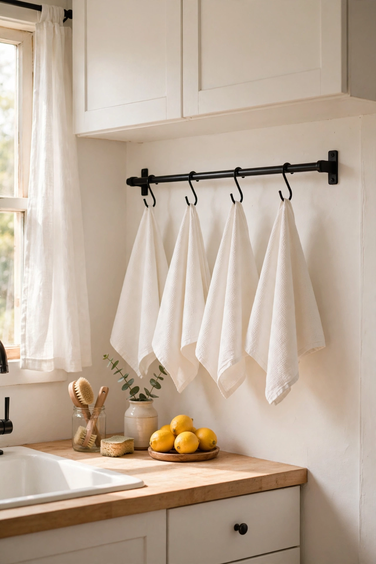 Plain white flour-sack tea towels hanging on a kitchen rail