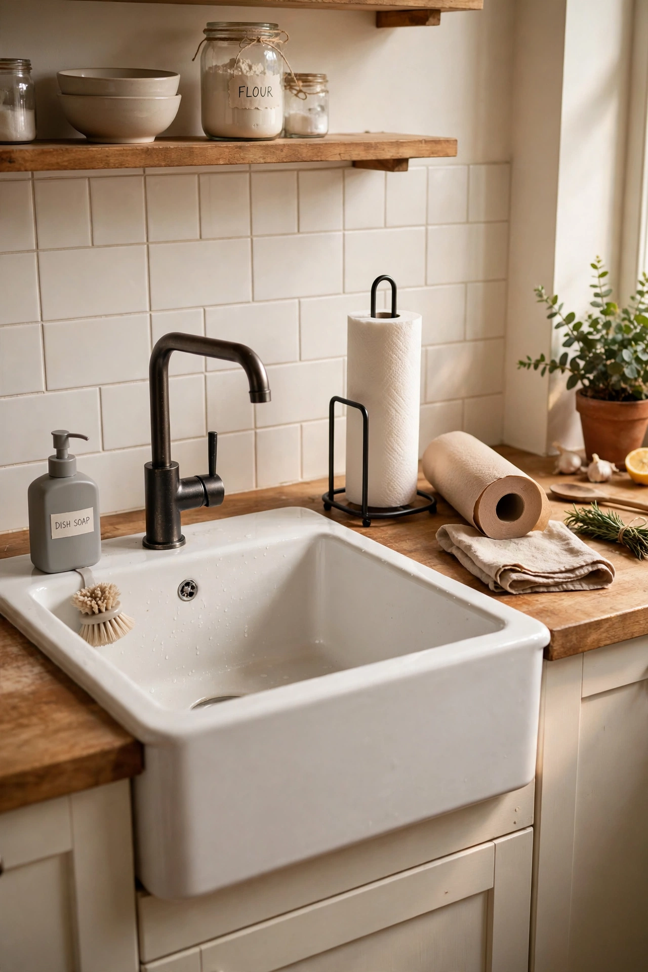 Weighted paper towel holder beside a kitchen sink