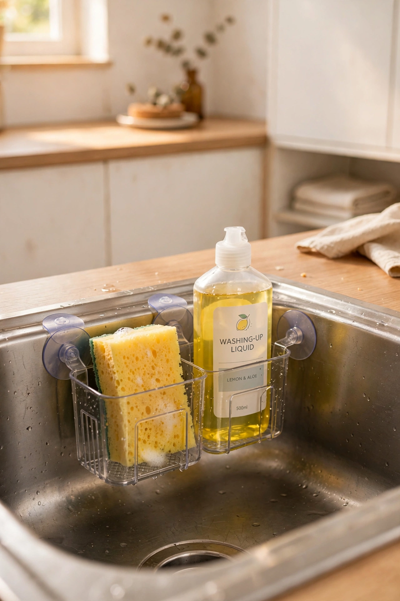 Suction cup caddy holding sponge and soap inside a sink
