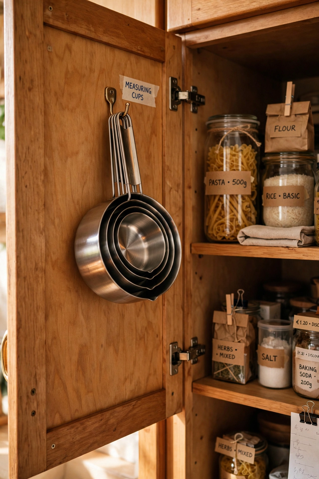 Nested measuring cups hanging inside a cupboard door