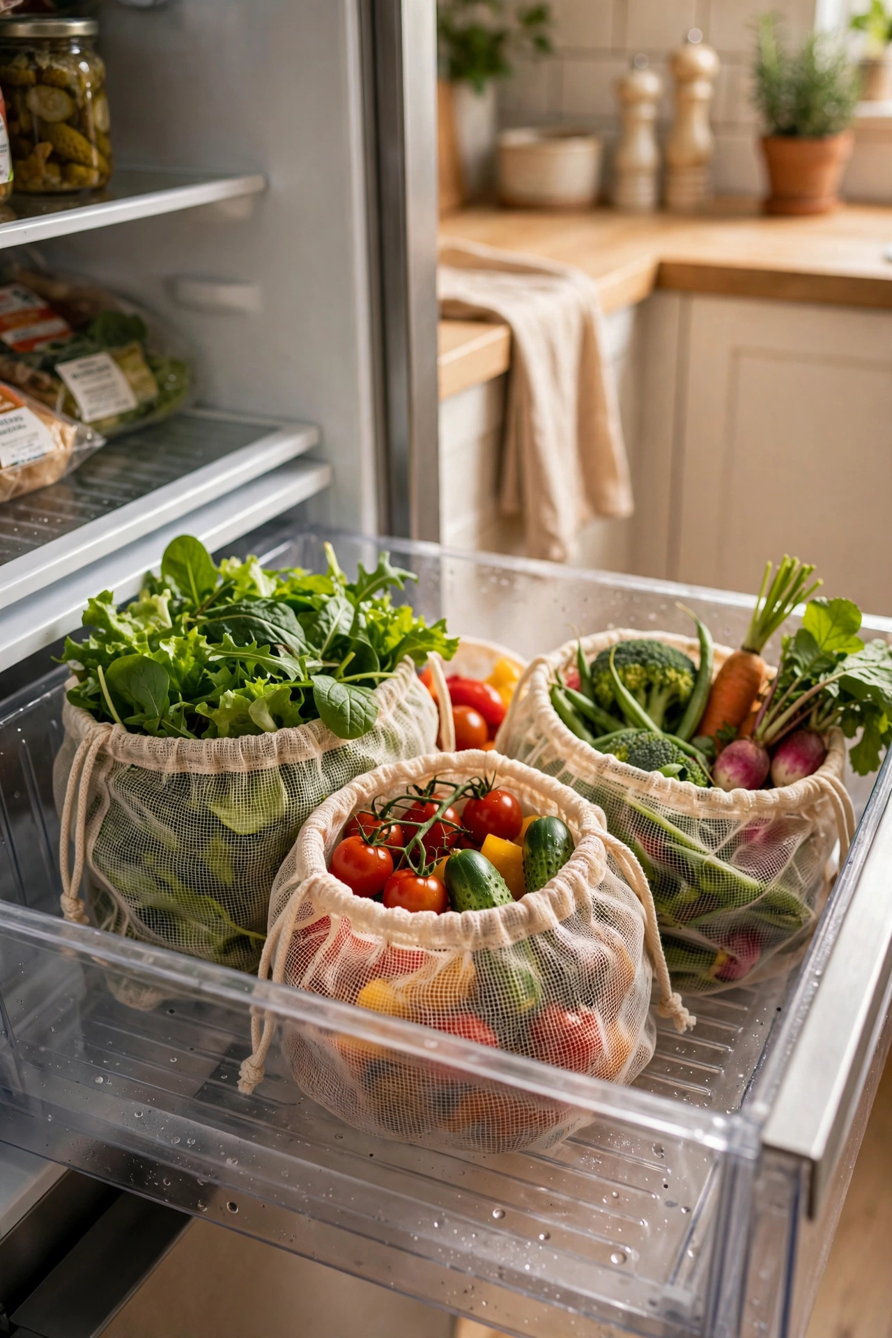 Mesh produce bags with fresh vegetables in a fridge drawer