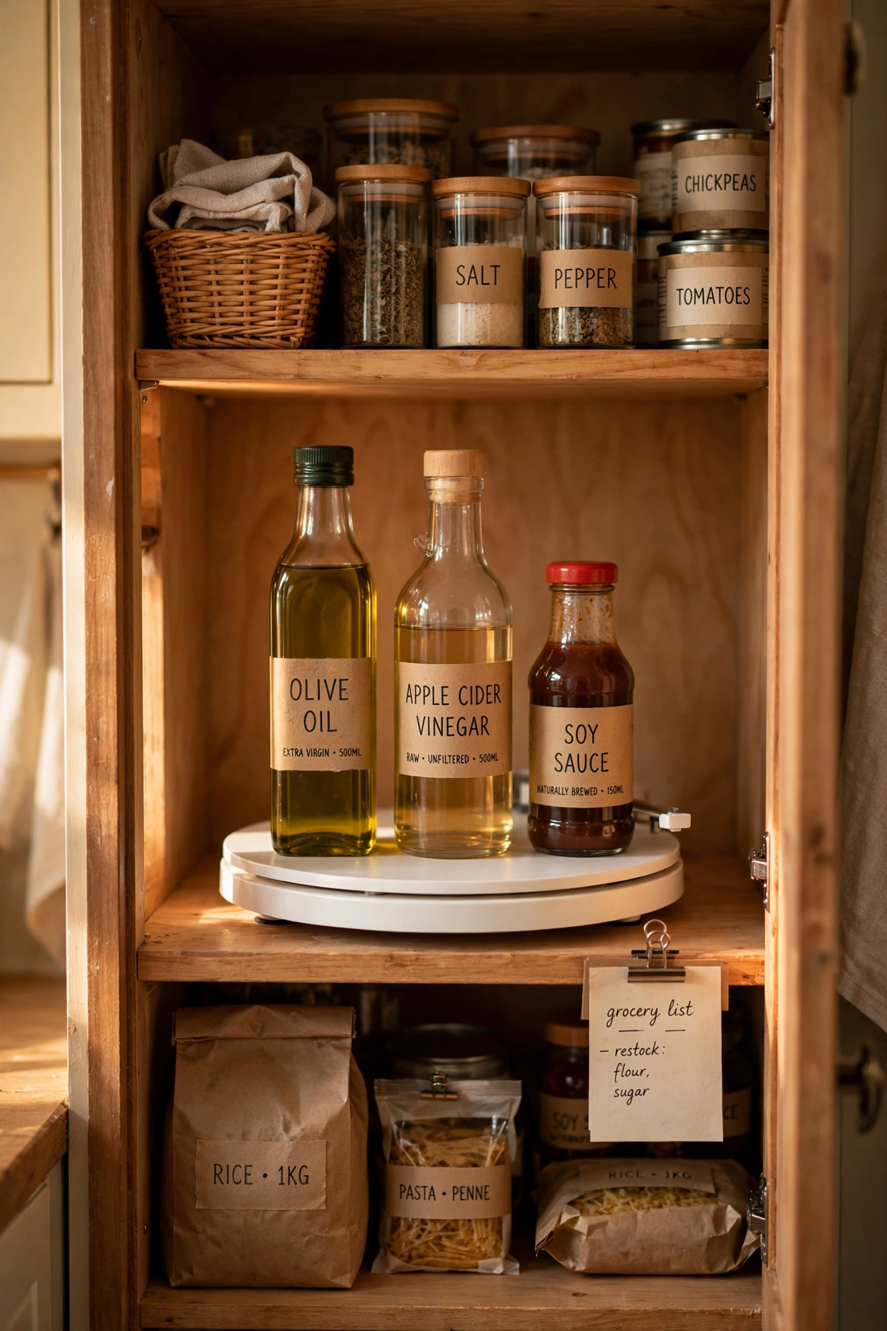 Turntable with oils and sauces in a pantry cupboard