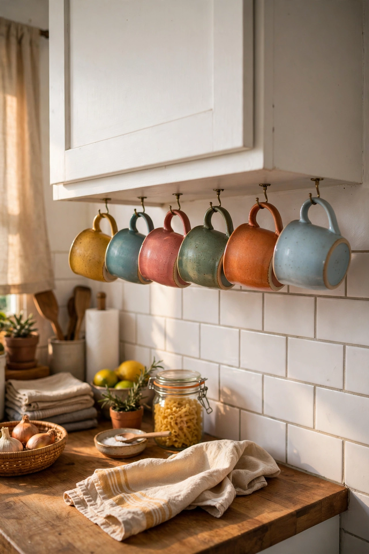 Mugs hanging from hooks under a kitchen wall cabinet