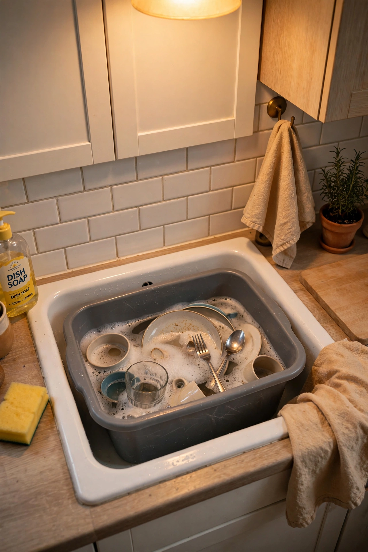 Rectangular dish tub soaking pans in a kitchen sink