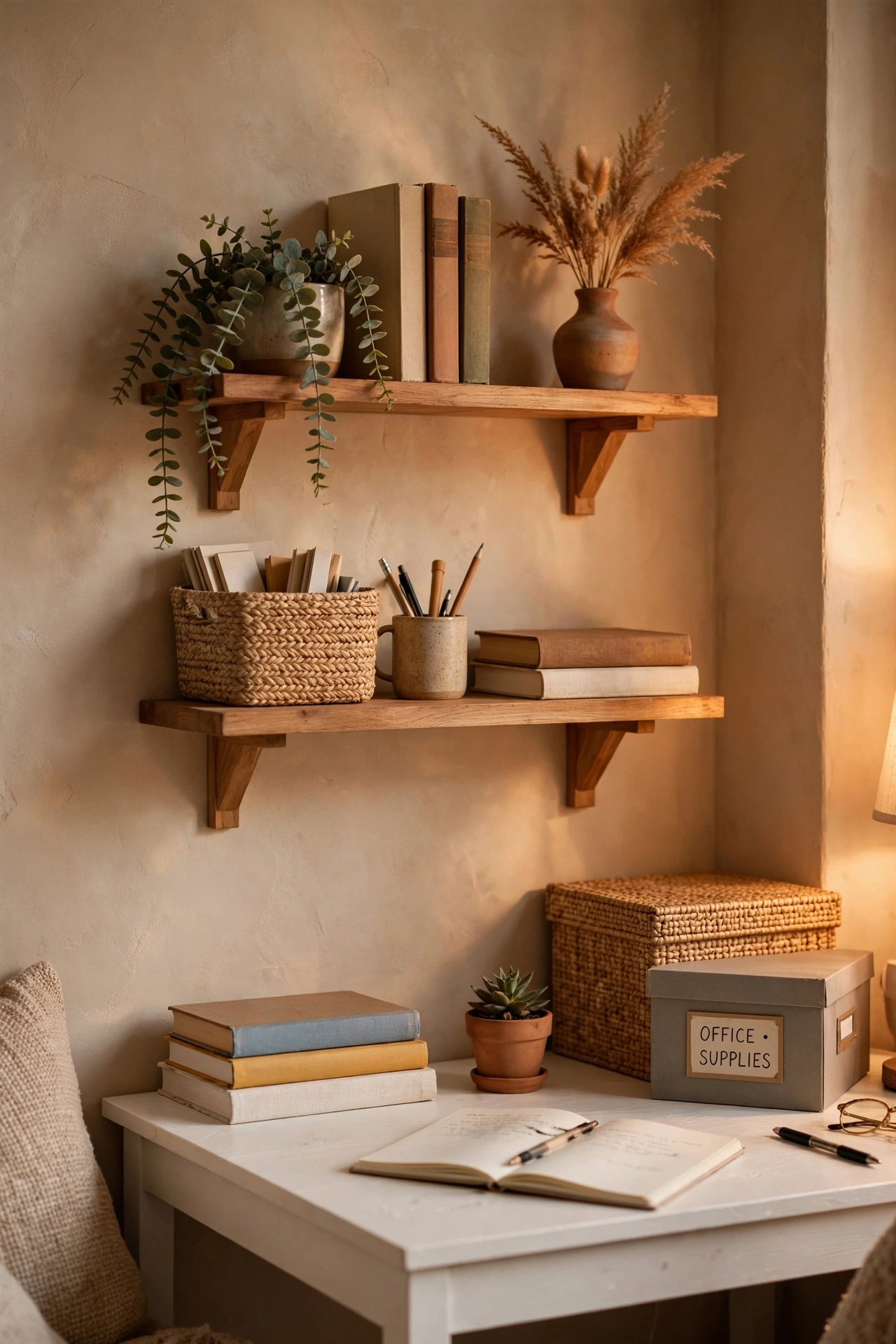 Small floating shelves mounted above a compact home office desk