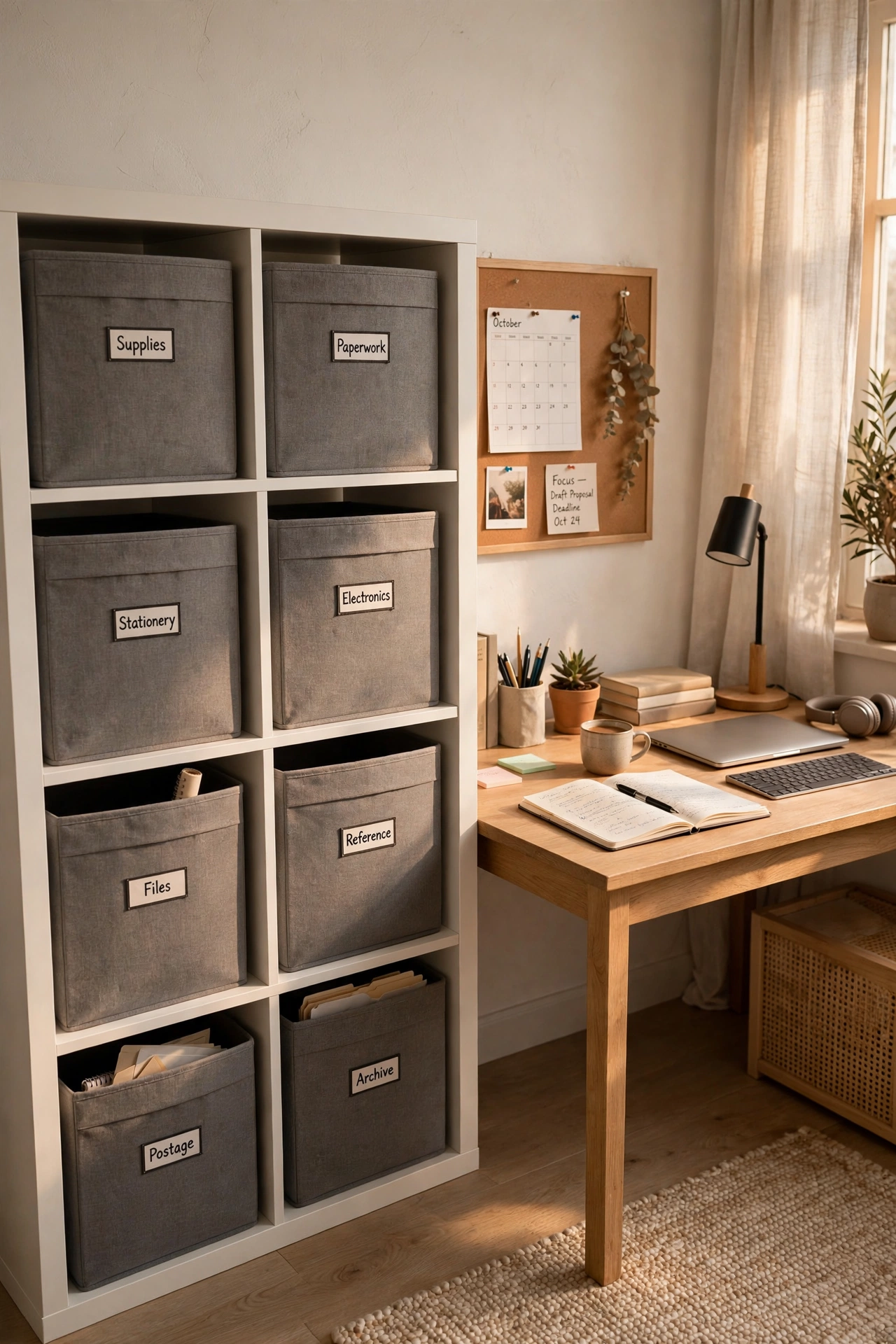 Fabric cube bins organising a shelving unit in a home office