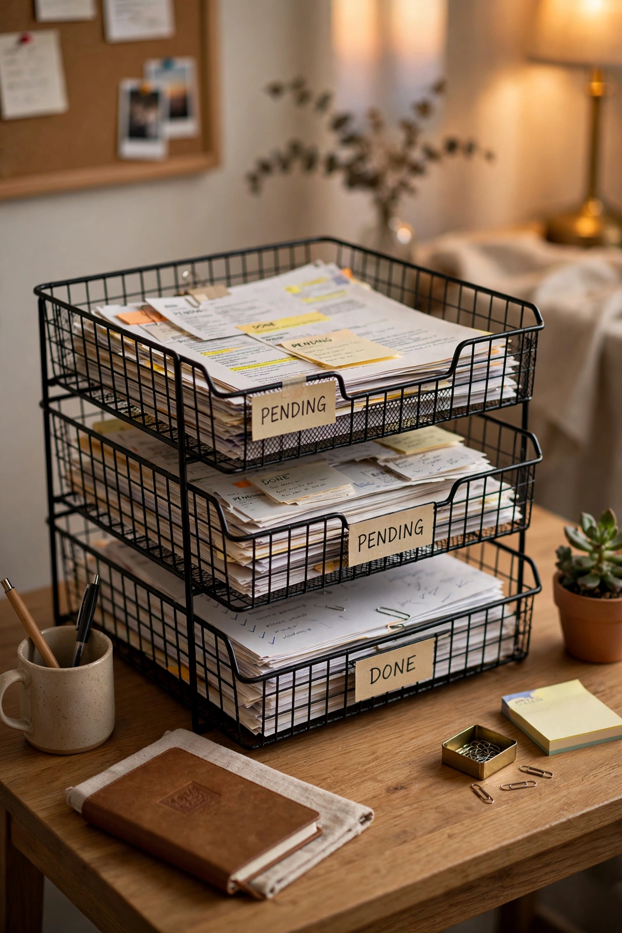 Stacked letter trays labelled in pending done on a desk