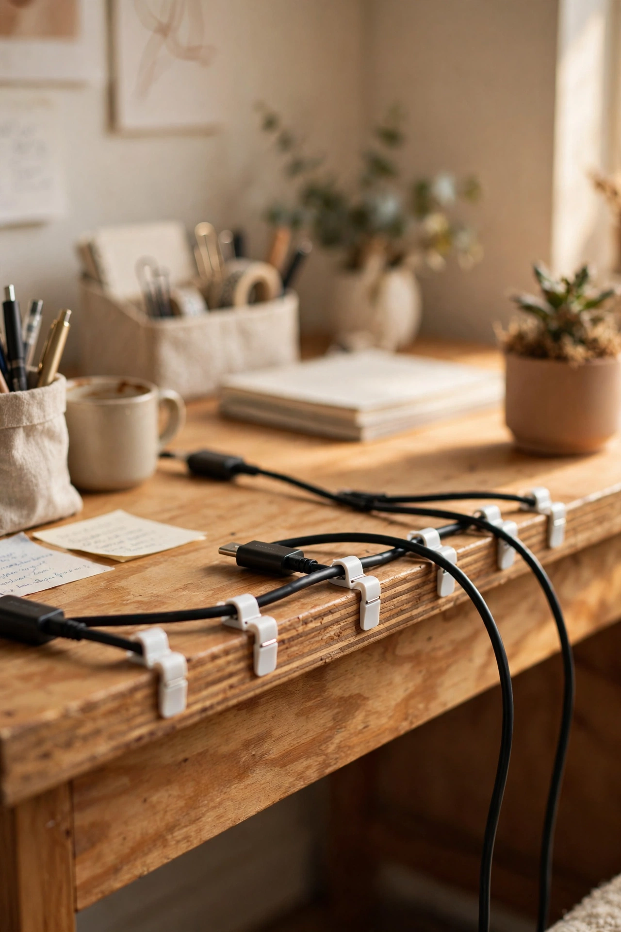 Adhesive cable clips routing charger cables along a desk edge