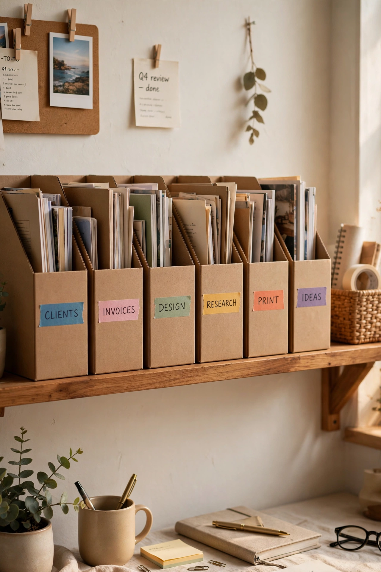 Magazine holders used as labelled file sorters on a shelf