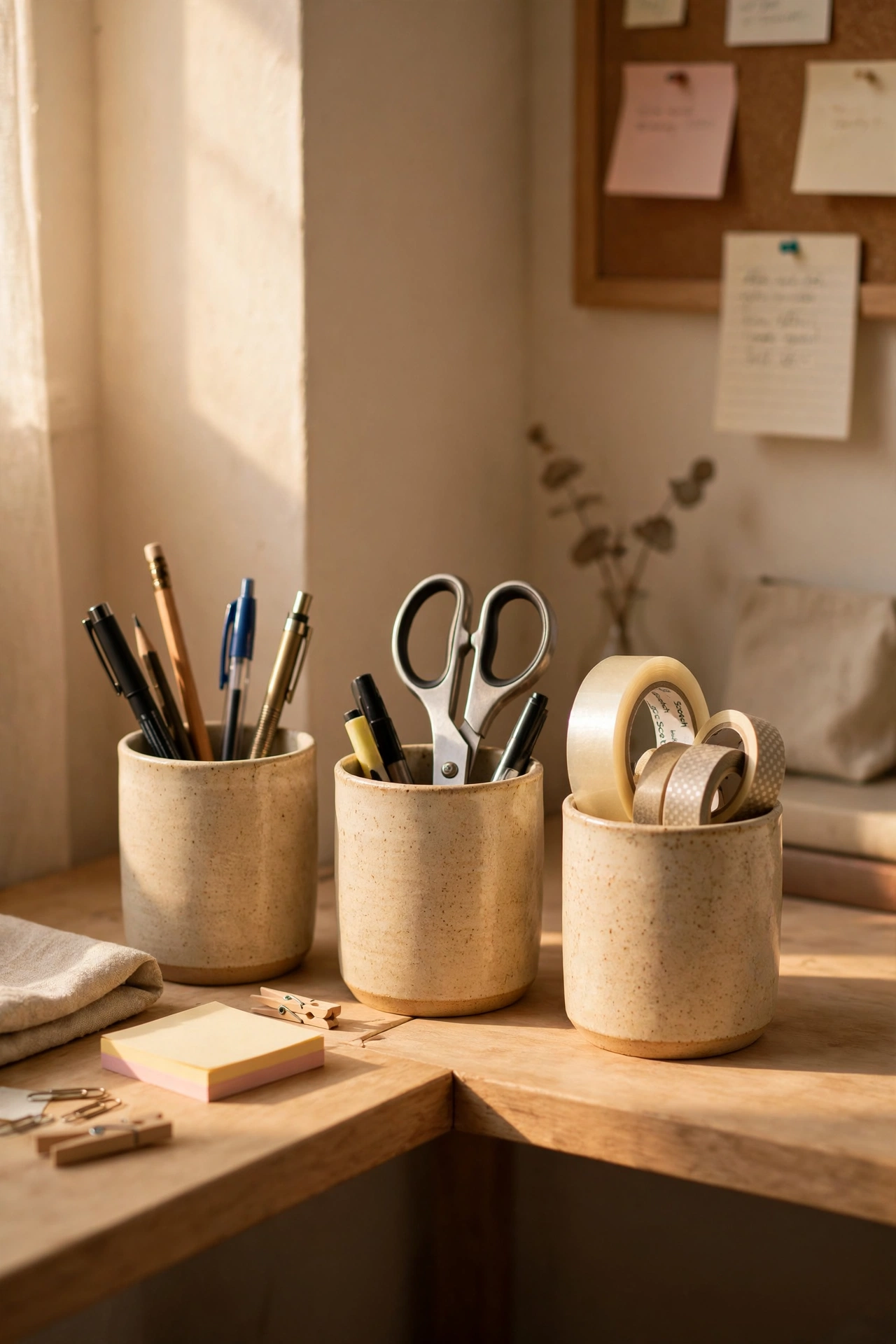 Three matching cups holding pens scissors and desk supplies