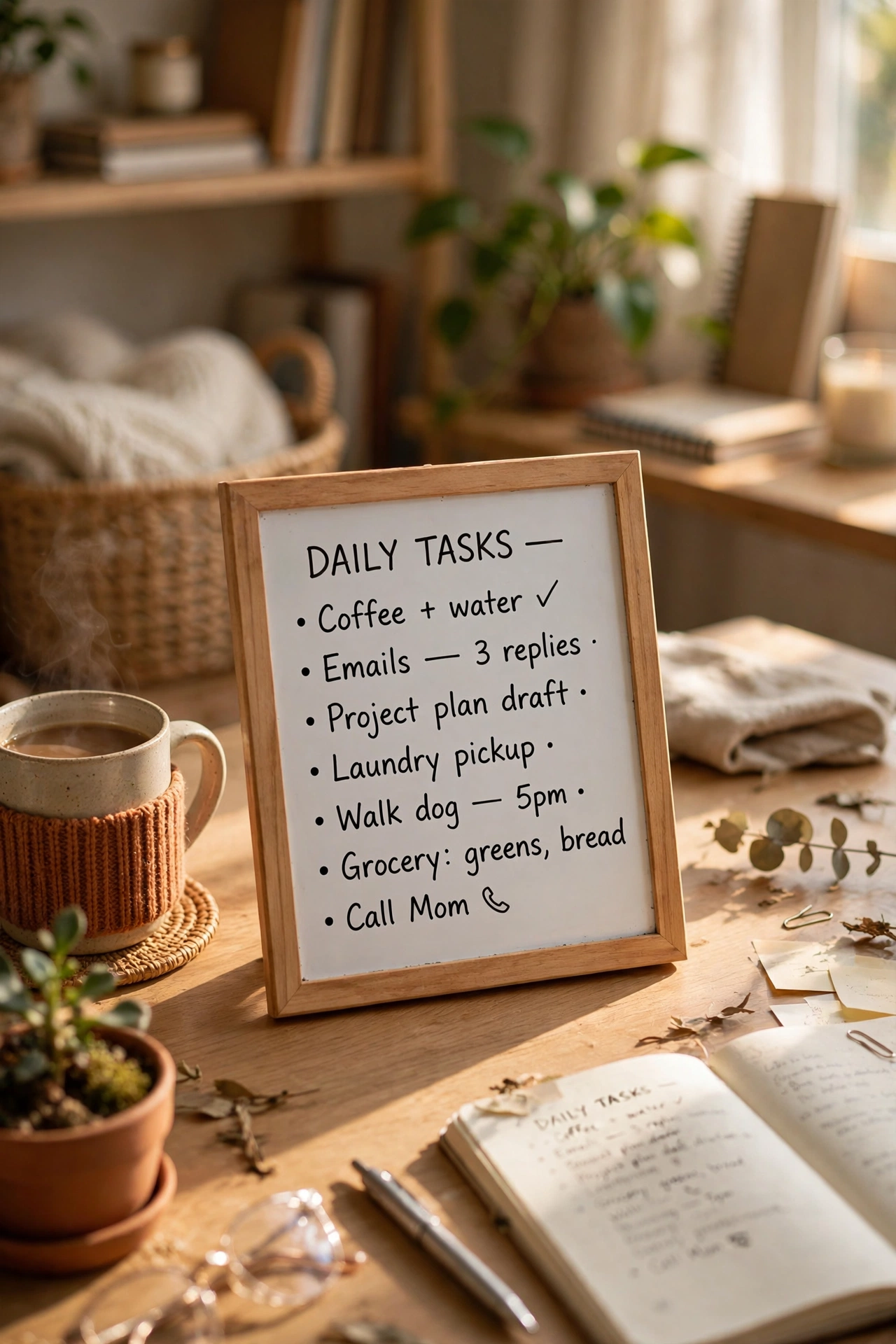 Mini dry-erase board with daily task list on a desk