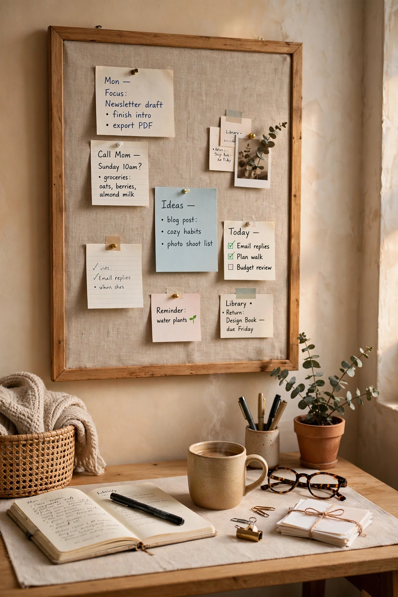 Framed cork board with fabric cover above a desk