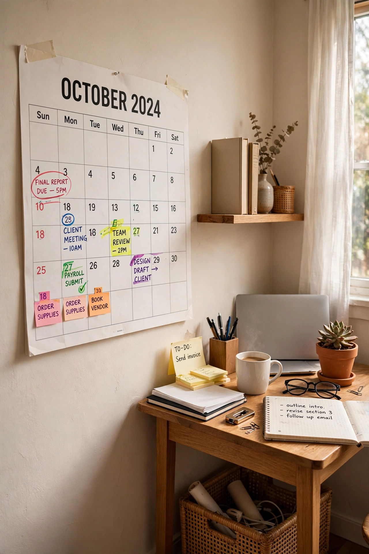 Large wall calendar marked with deadlines beside a desk