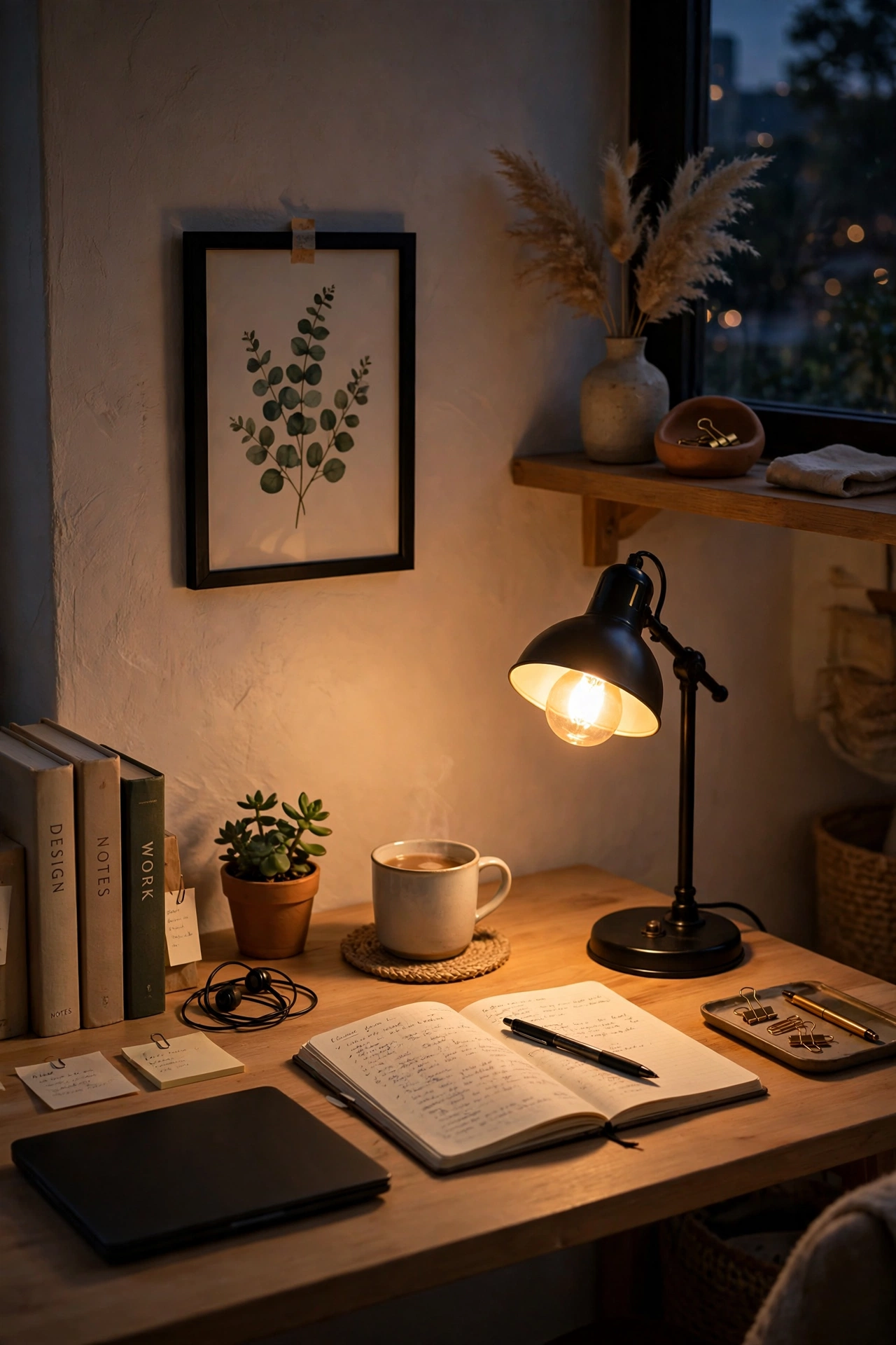 Compact desk lamp with warm bulb lighting a workspace