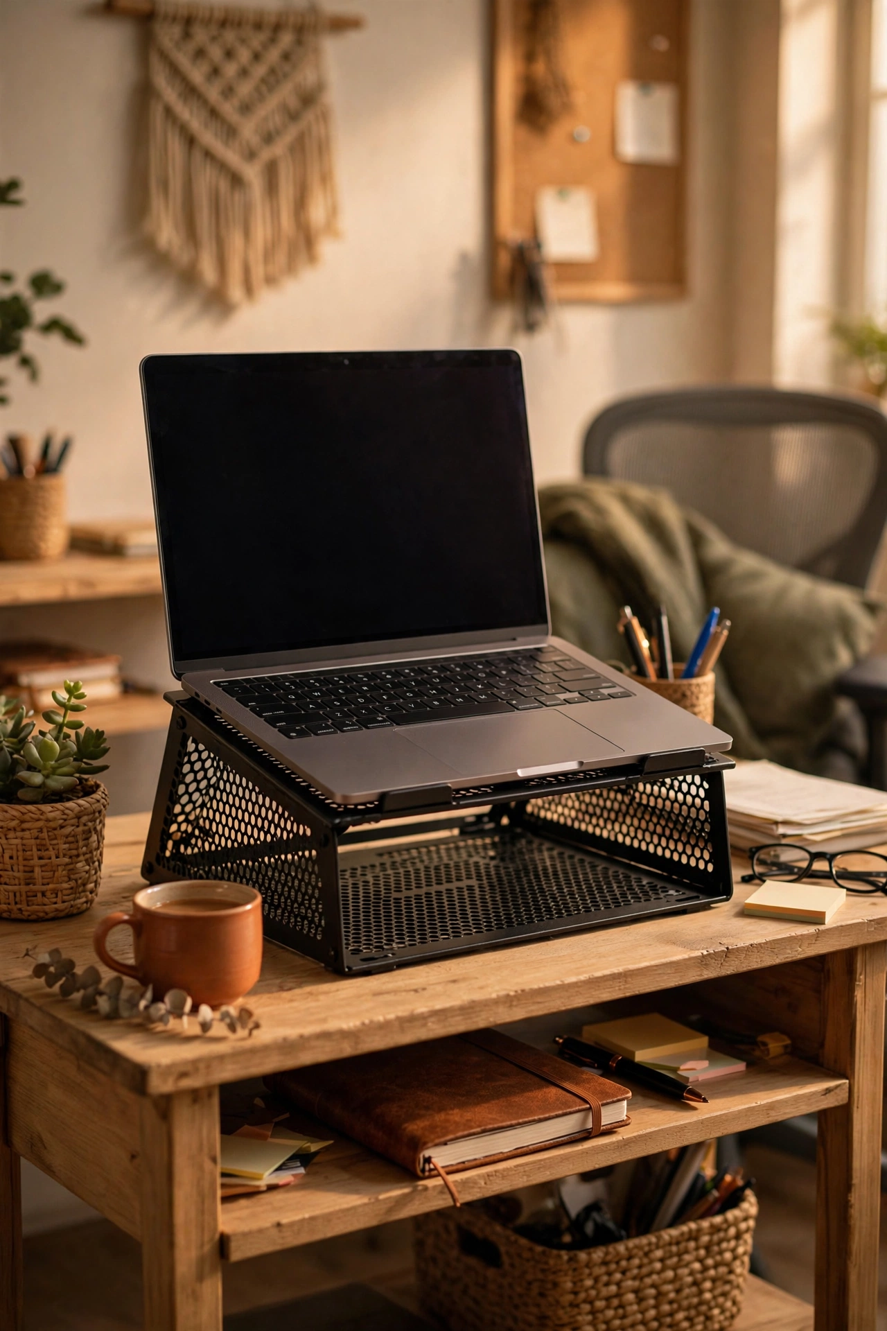 Laptop on a riser stand with storage space underneath